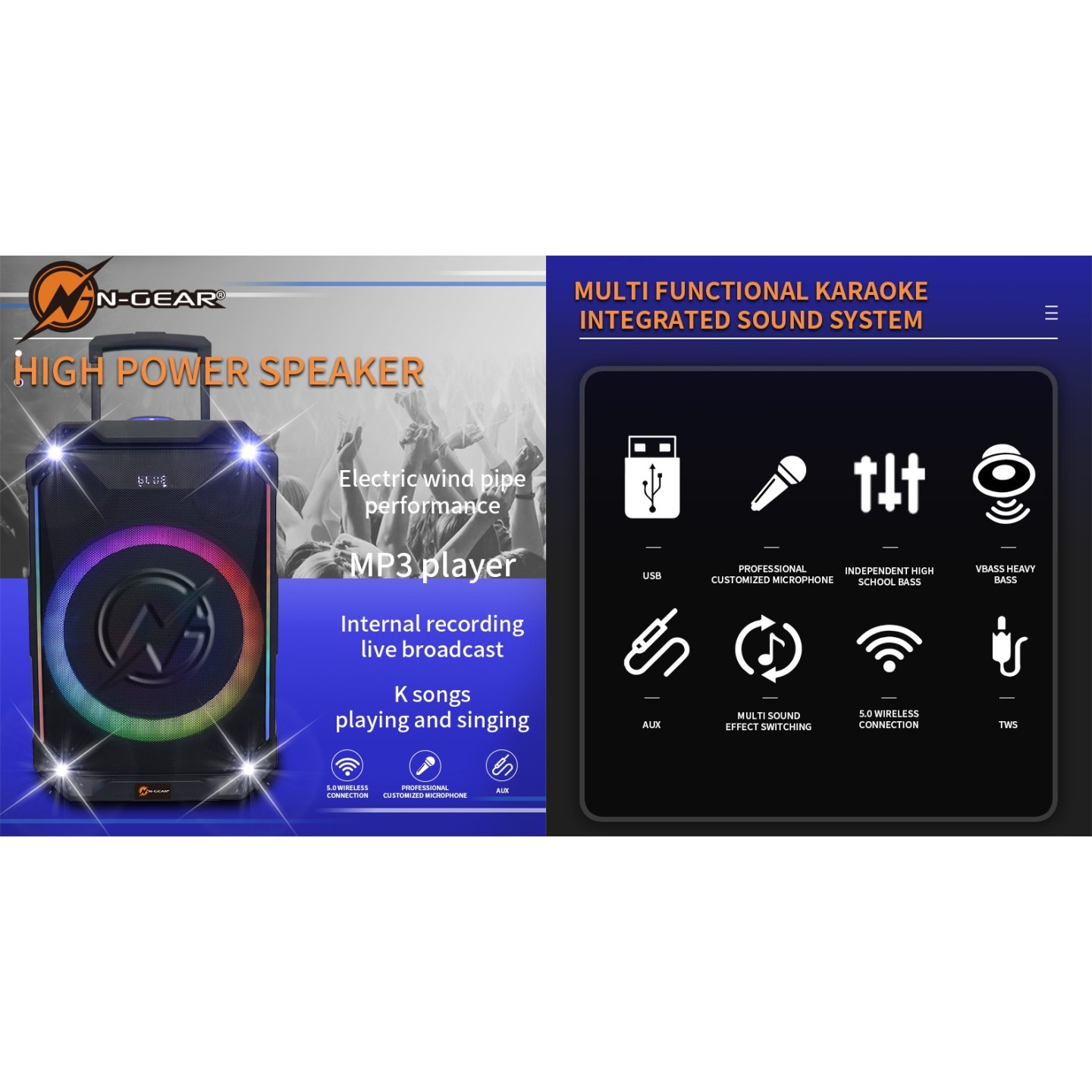 N-Gear Portable Karaoke Speaker - FLASH1540 - 15'' Portable Karaoke Speaker with 1x Wireless Mic LED Lights USB & BT