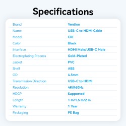 Buy Vention Converter USB-C to HDMI Cable 4K60Hz 1.5m - CRIBG -  in Cyprus, Nicosia, Limassol, Larnaka, Pafos