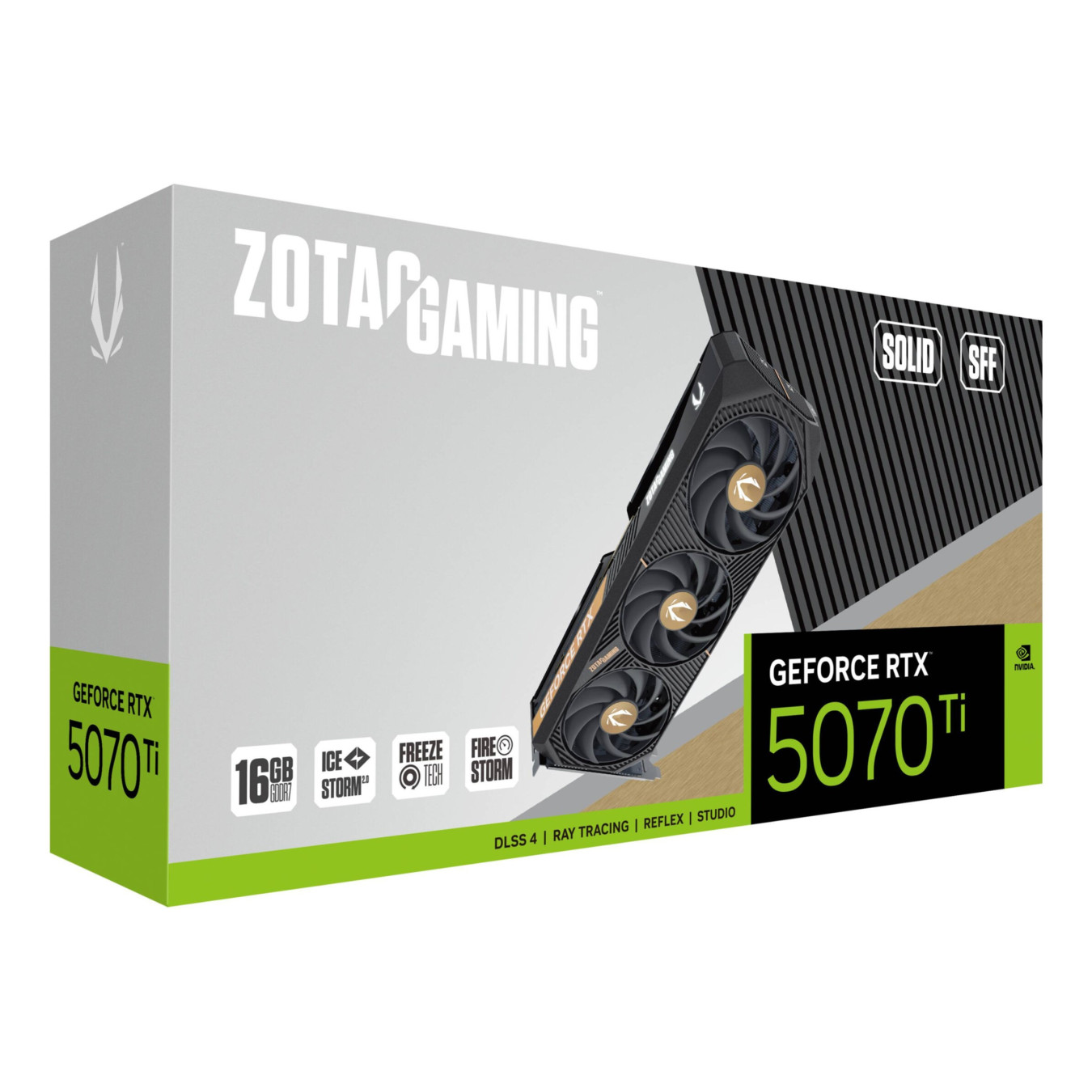 ZOTAC GAMING GeForce RTX 5070 Ti SOLID SFF - 16GB GDDR7, 2452 MHz Boost, Compact 2-Slot, Triple-Fan
