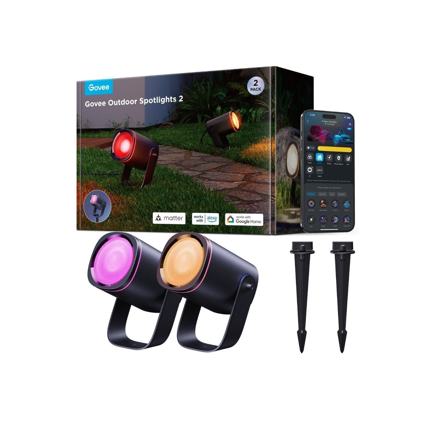 Govee Outdoor Smart Garden Spotlights - H7093311 - IP67 RGBICWW 2pack — Buy in Cyprus with Fast Delivery