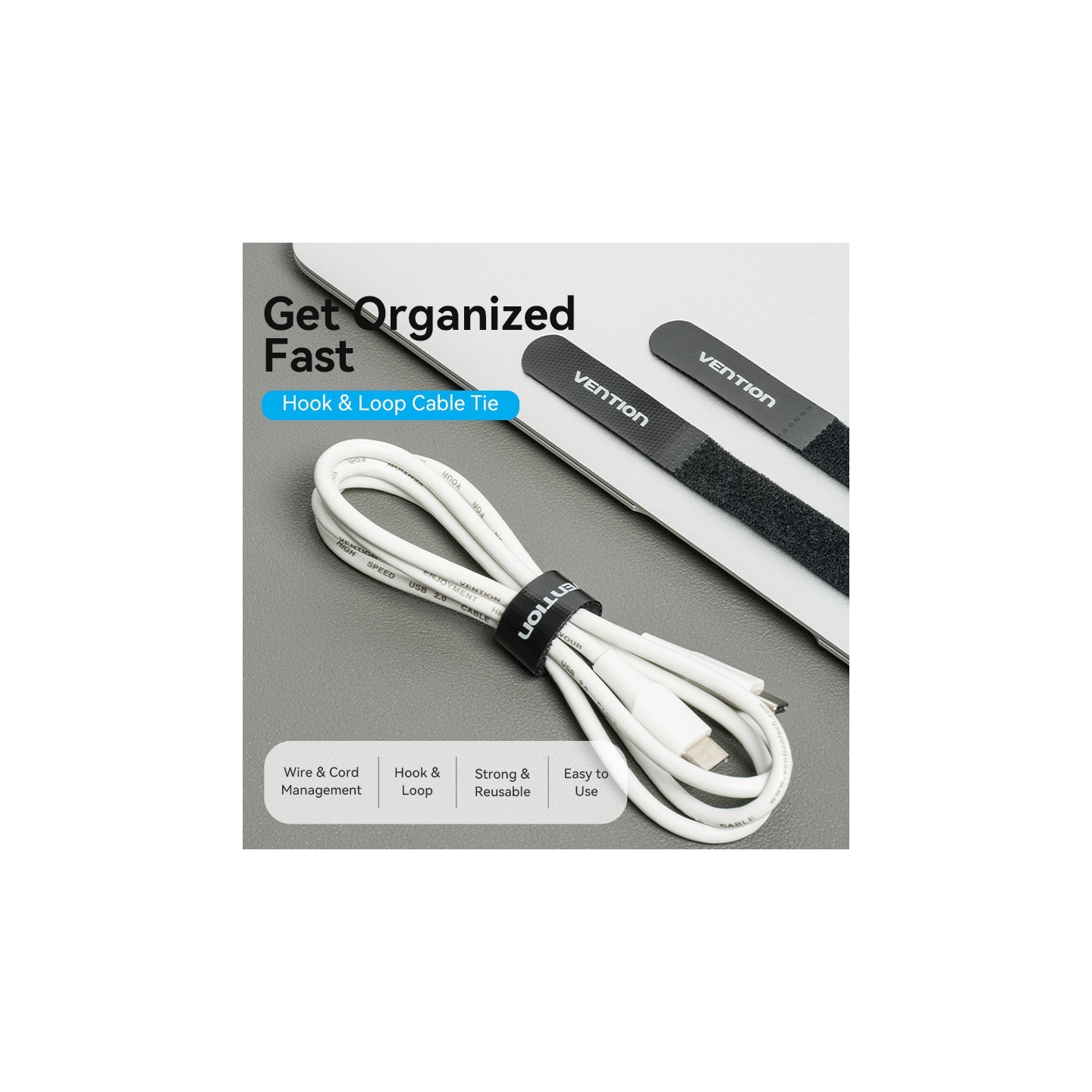 Vention Cable Organiser Hook & Loop Cable Tie - KAOB0-10 - 180mm 10 Pcs — Buy in Cyprus with Fast Delivery