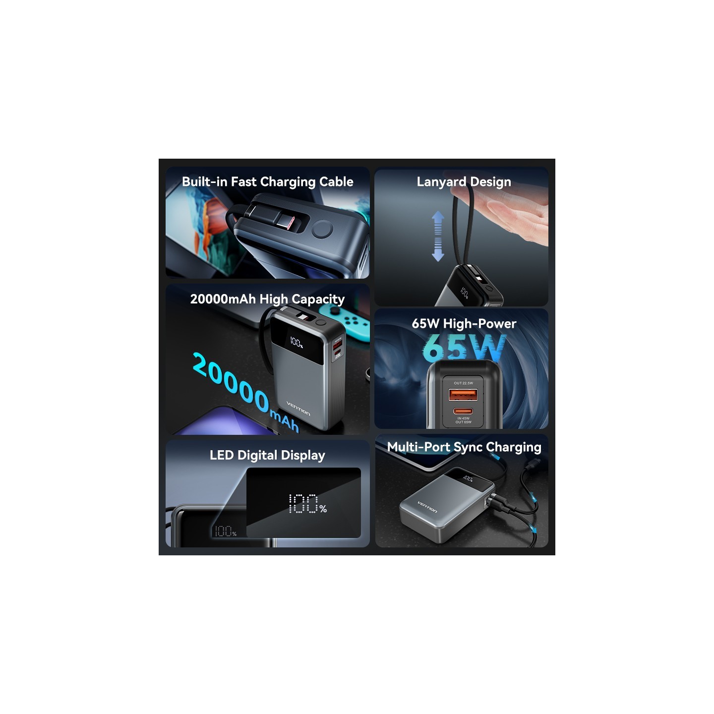 Vention Powerbank - FHYB0 - Powerbank 20000mAh 65W Built-in USB-C — Buy in Cyprus with Fast Delivery