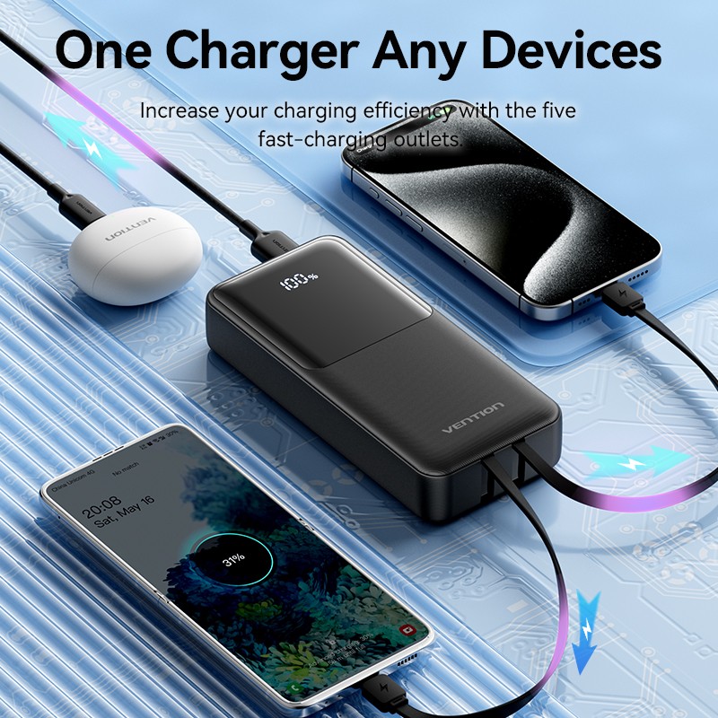 Buy Vention Powerbank - FHPB0 - 20000mAh 22.5W Built-in USBC+Lighting Black in Cyprus, Nicosia, Limassol, Larnaka, Pafos