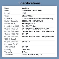 Buy Vention Powerbank - FHPB0 - 20000mAh 22.5W Built-in USBC+Lighting Black in Cyprus, Nicosia, Limassol, Larnaka, Pafos