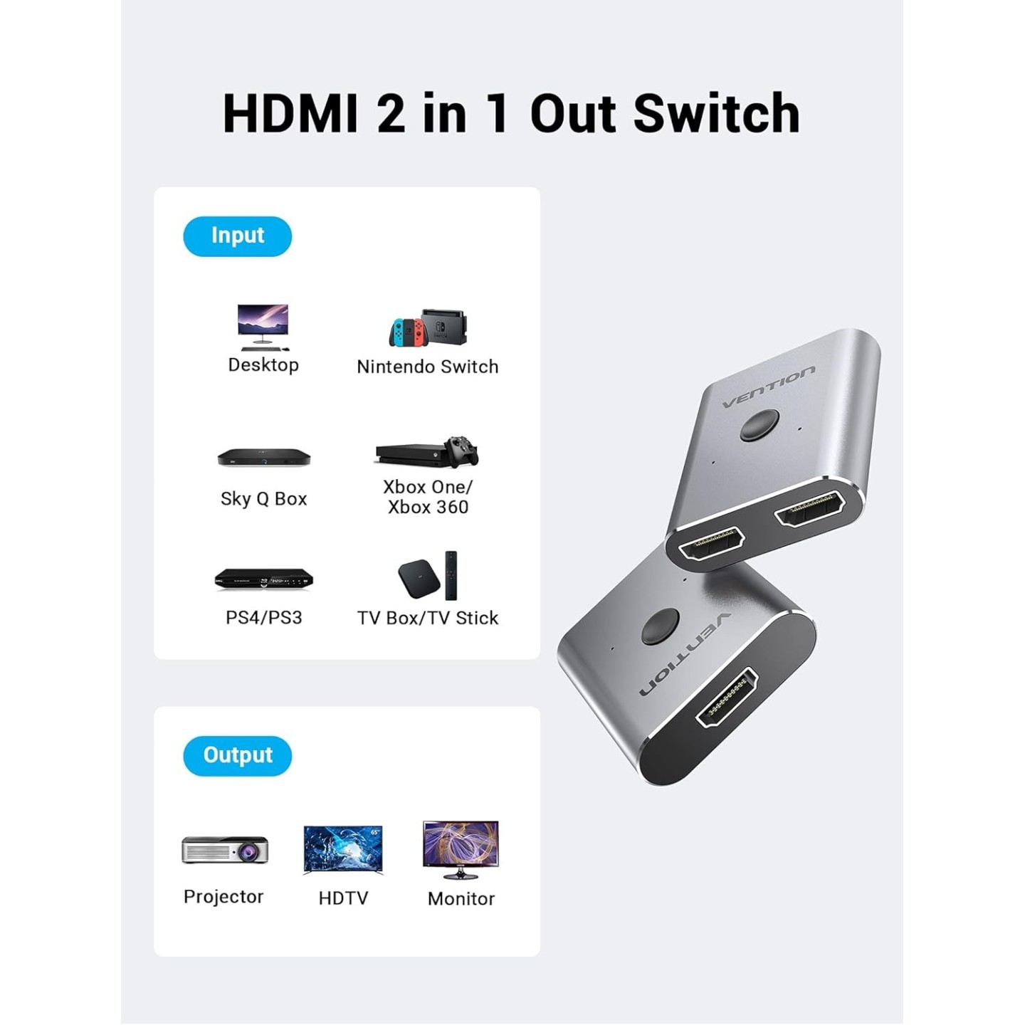 Vention HDMI Switch - AFUH0 - 2-Port 4K 2.0 Bi-Directional Metal — Buy in Cyprus with Fast Delivery