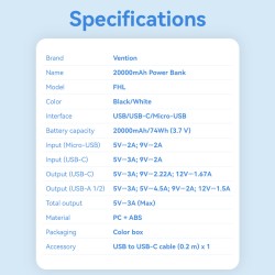 Buy Vention Powerbank - FHLB0 - 20000mAh 22.5W Black in Cyprus, Nicosia, Limassol, Larnaka, Pafos