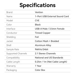 Buy Vention Audio Converter USB-A to 1x3.5mm 1.0m Cable - CVEBF - Braided in Cyprus, Nicosia, Limassol, Larnaka, Pafos