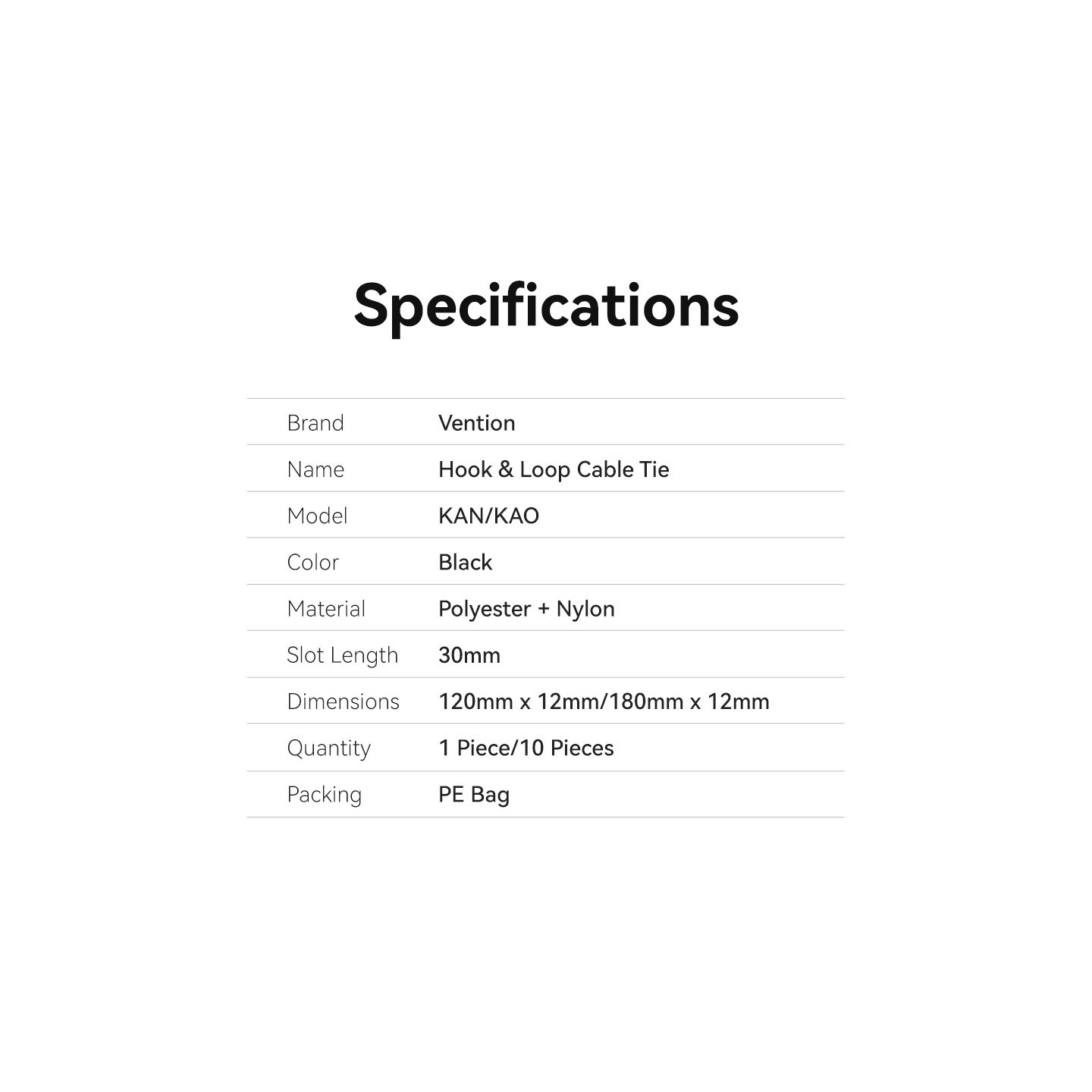 Vention Cable Organiser Hook & Loop Cable Tie - KANB0-10 - 120mm, 10 Pcs — Buy in Cyprus with Fast Delivery