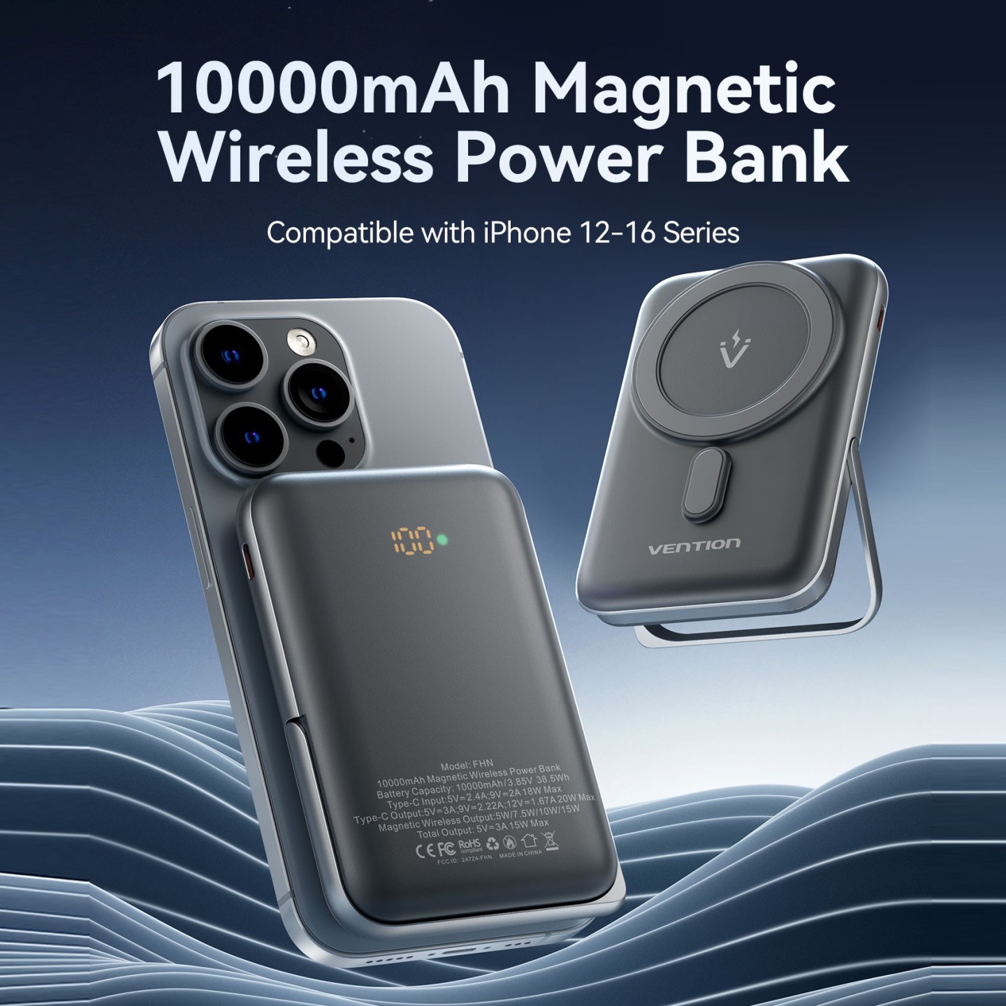 Vention Powerbank Wireless Magnetic 10000mAh 20W - FHNB0 - with Stand Black — Buy in Cyprus with Fast Delivery