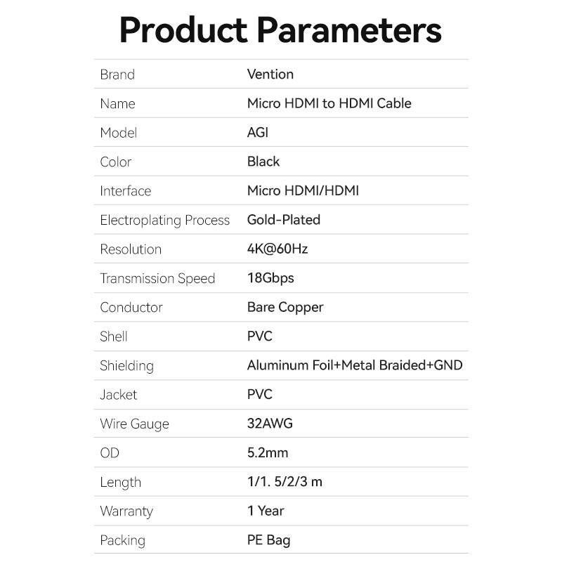 Buy Vention HDMI to HDMI Micro Cable - AGIBG - HDMI to HDMI Micro Cable 1.5m in Cyprus, Nicosia, Limassol, Larnaka, Pafos