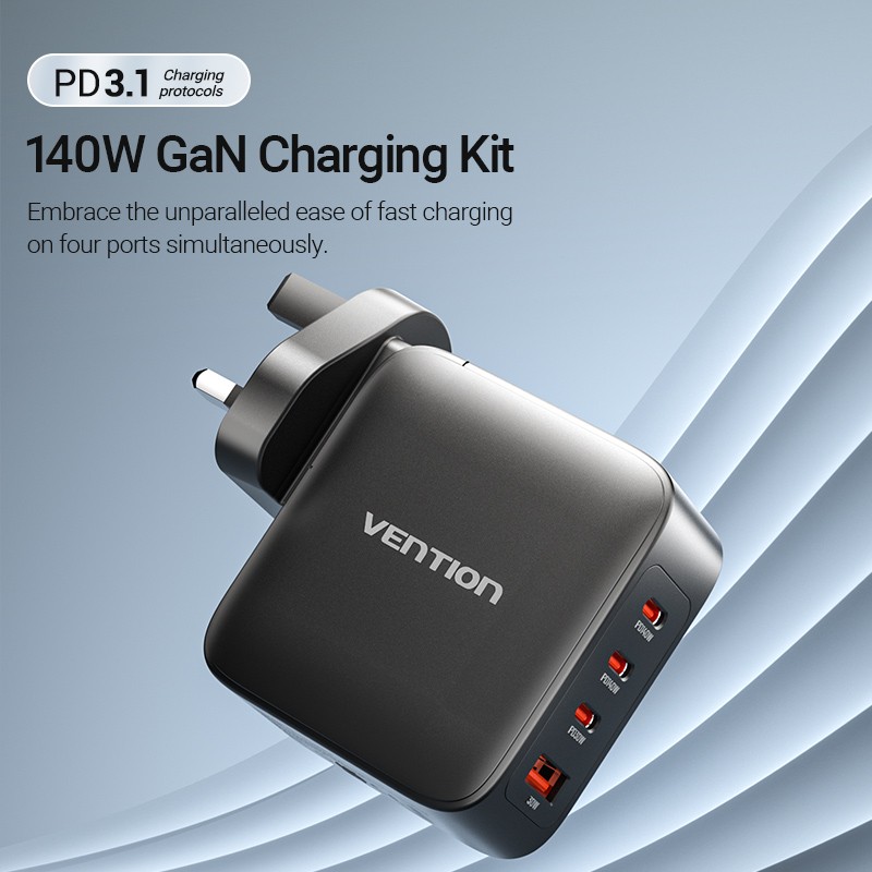 Buy Vention Charger Wall GaN 140W 3xC 1xA+240W Cable Black - FEIB0-UK - Wall GaN... in Cyprus, Nicosia, Limassol, Larnaka, Pafos