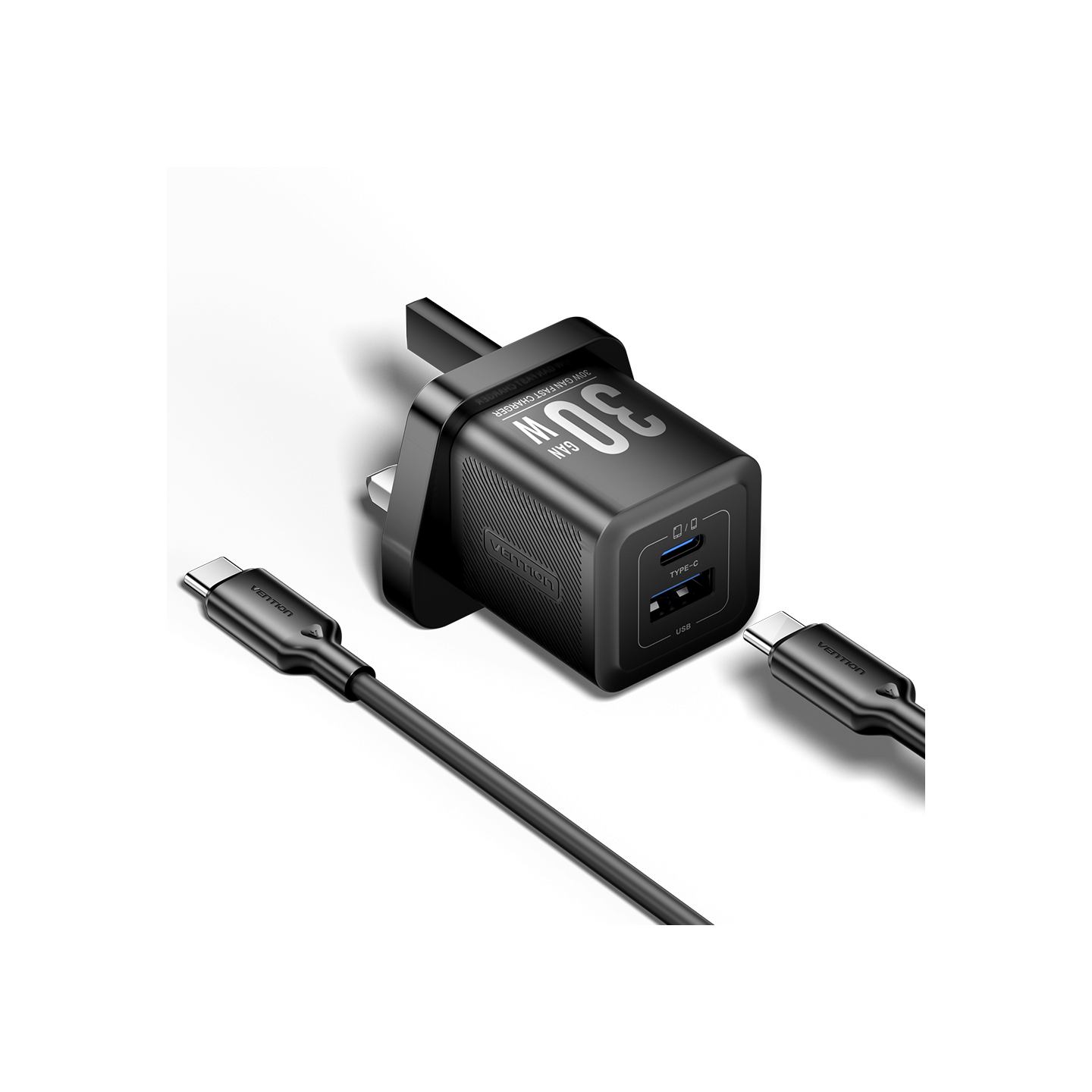 Vention Charger Wall GaN 30W 1xA 1xC+USBC Cable Black - TZ-FEQB0-UK-01 - 1xA 1xC+USBC Cable — Buy in Cyprus with Fast Delivery