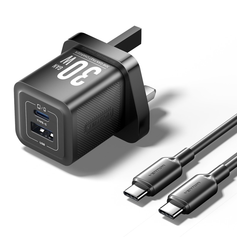 Buy Vention Charger Wall GaN 30W 1xA 1xC+USBC Cable Black - TZ-FEQB0-UK-01 - 1xA... in Cyprus, Nicosia, Limassol, Larnaka, Pafos