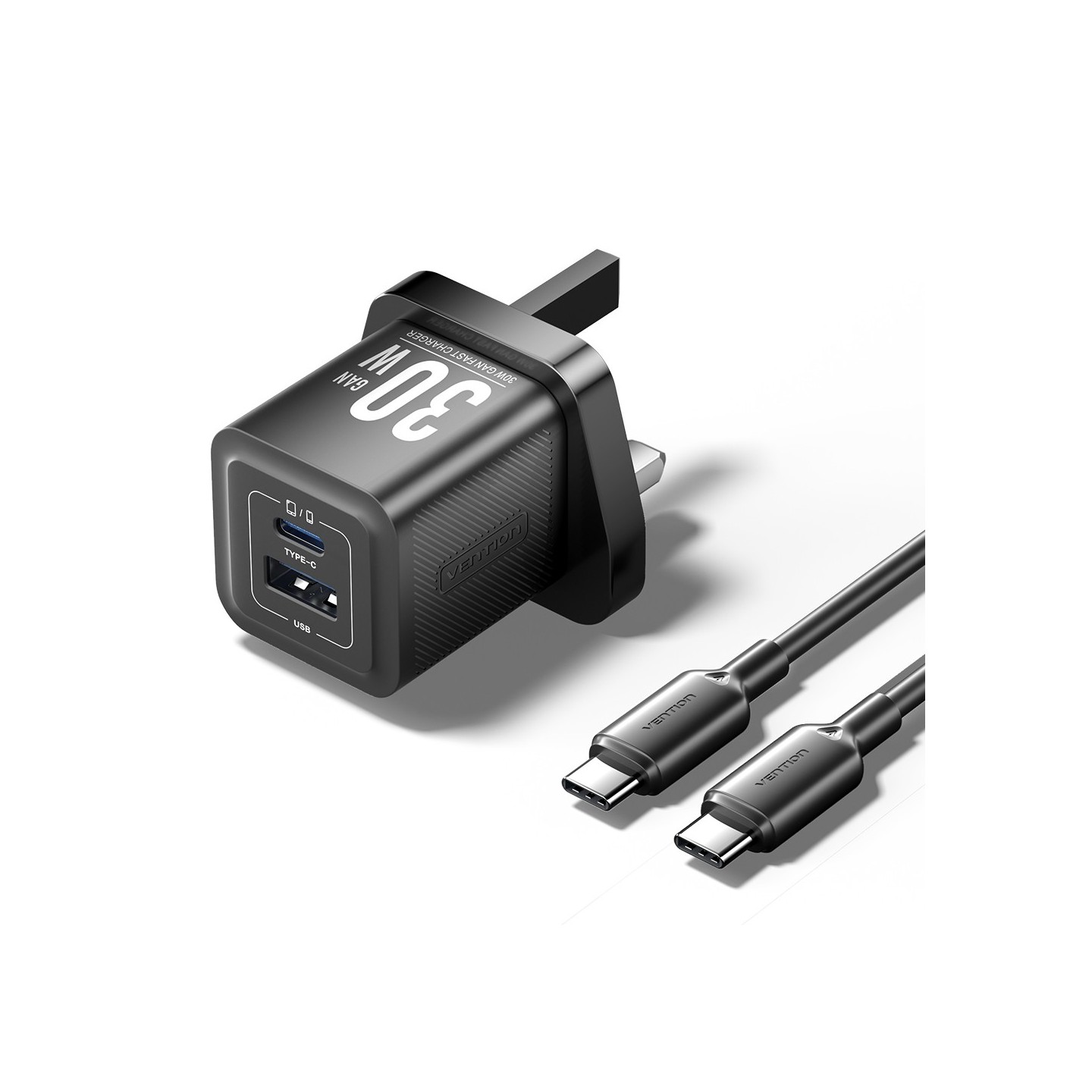 Vention Charger Wall GaN 30W 1xA 1xC+USBC Cable Black - TZ-FEQB0-UK-01 - 1xA 1xC+USBC Cable — Buy in Cyprus with Fast Delivery