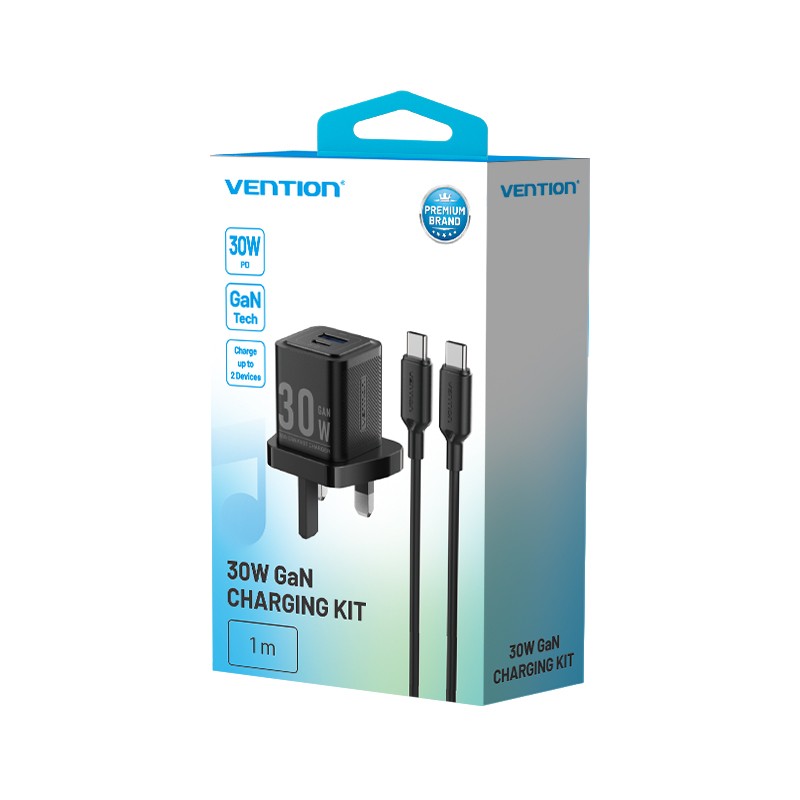 Buy Vention Charger Wall GaN 30W 1xA 1xC+USBC Cable Black - TZ-FEQB0-UK-01 - 1xA... in Cyprus, Nicosia, Limassol, Larnaka, Pafos