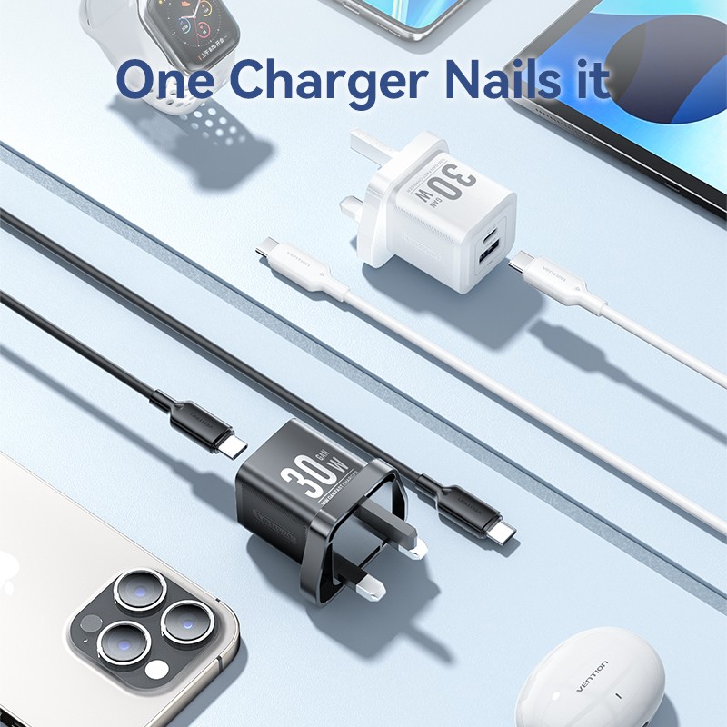 Buy Vention Charger Wall GaN 30W 1xA 1xC+USBC Cable Black - TZ-FEQB0-UK-01 - 1xA... in Cyprus, Nicosia, Limassol, Larnaka, Pafos