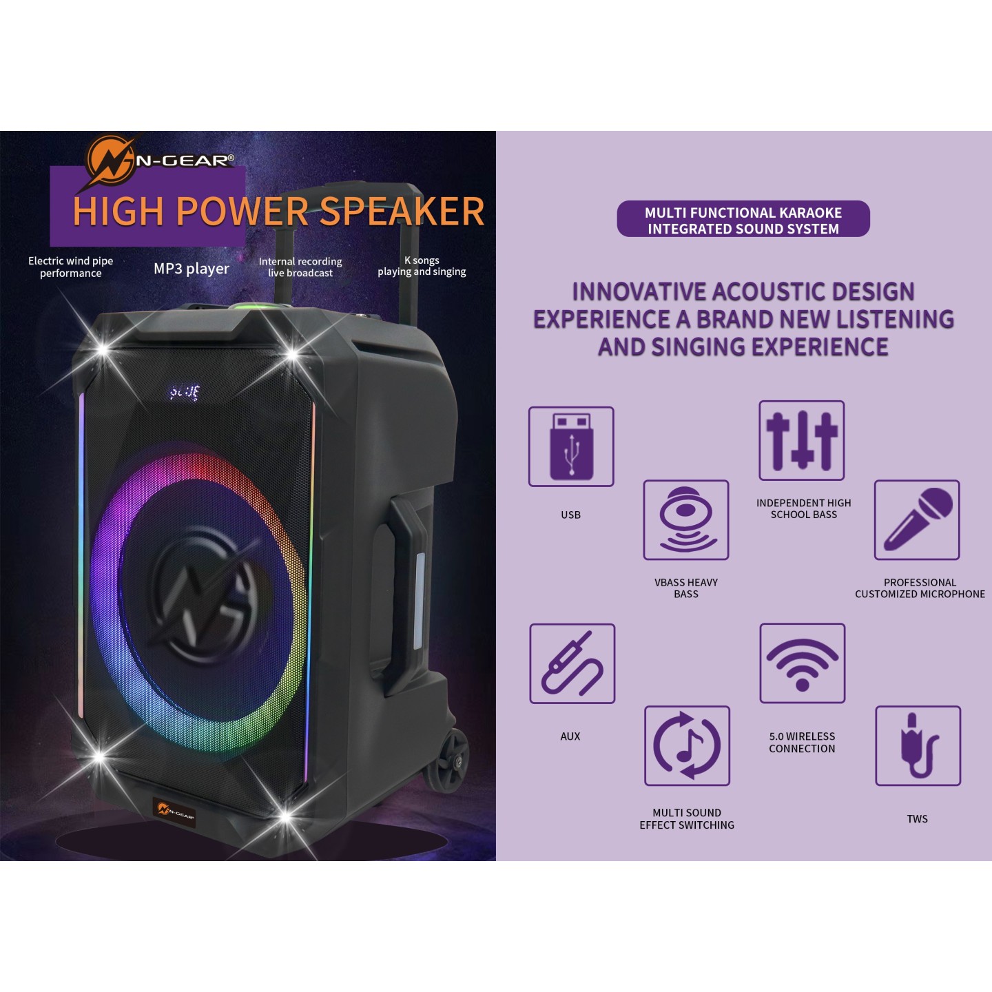 N-Gear Portable Karaoke Speaker - FLASH1240 - 12'' Portable Karaoke Speaker with 1x Wireless Mic LED Lights USB & BT
