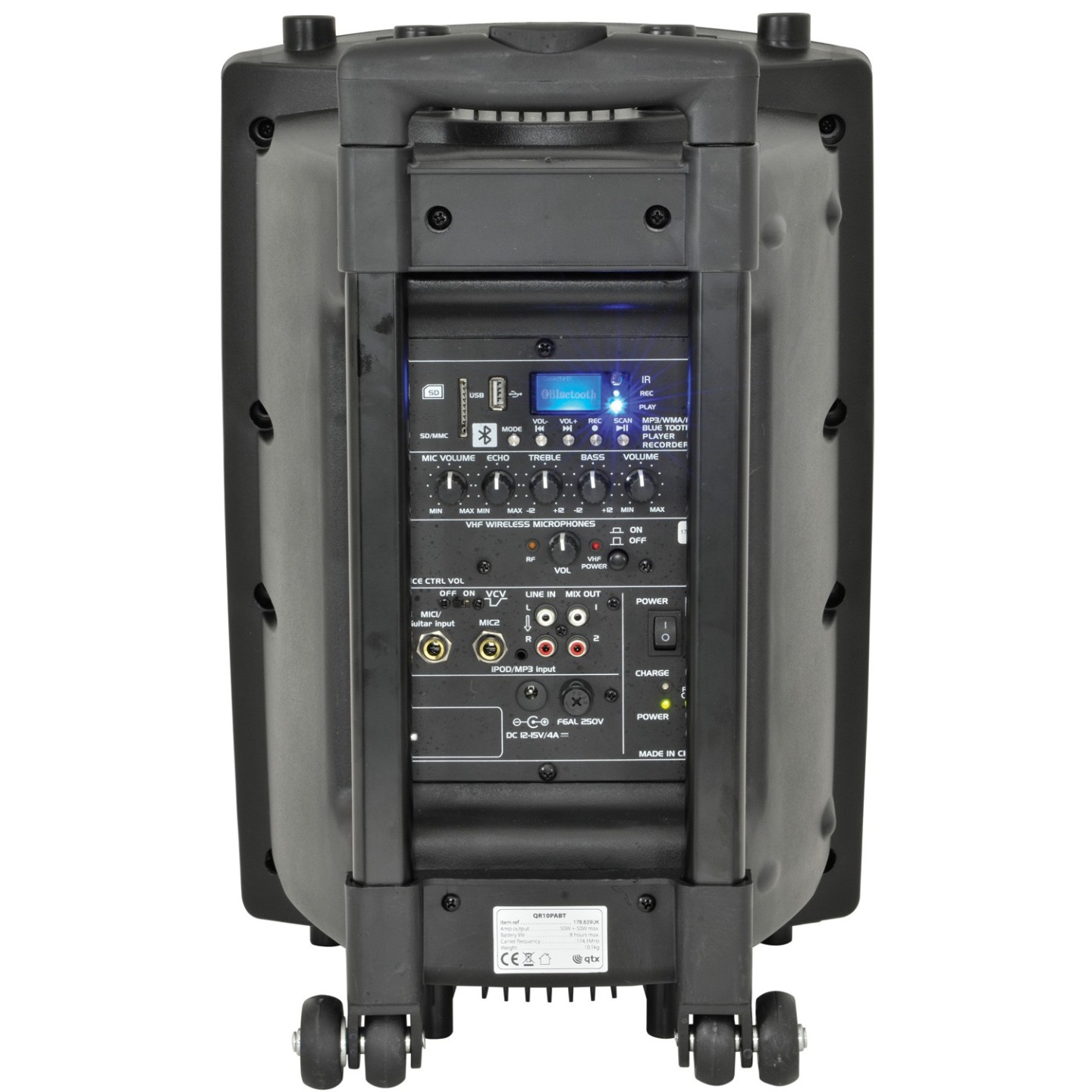QTX QR10PA 10'' Professional Portable Karaoke & PA Speaker with 1x Wireless Microphone, Bluetooth USB & FM 178.839UK
