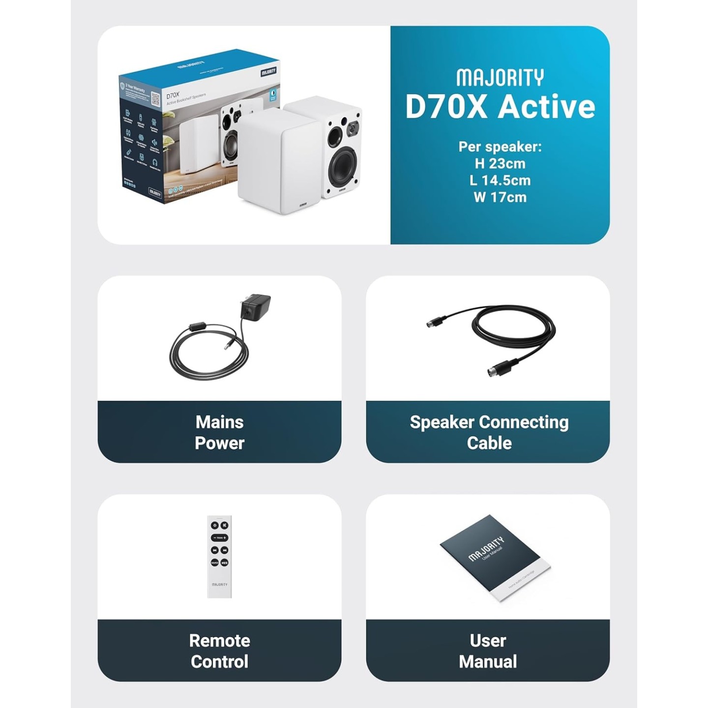 Majority Speakers Active - D70X - 70W 2.0 BT USB Phono HDMI ARC White (pair) — Buy in Cyprus with Fast Delivery