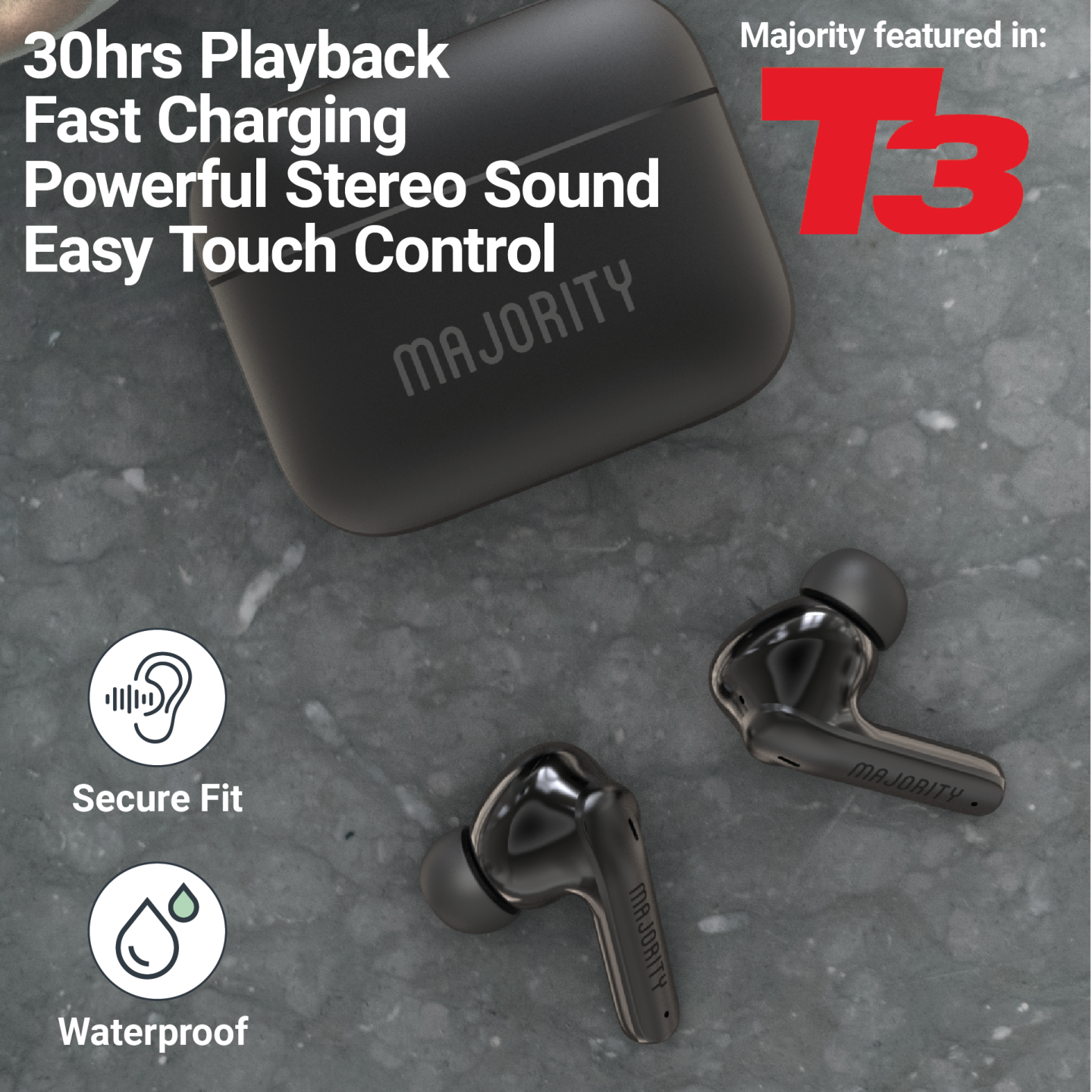 Majority Earphones - TRU-1 - TWS Sports Earphones IPX7 Black — Buy in Cyprus with Fast Delivery