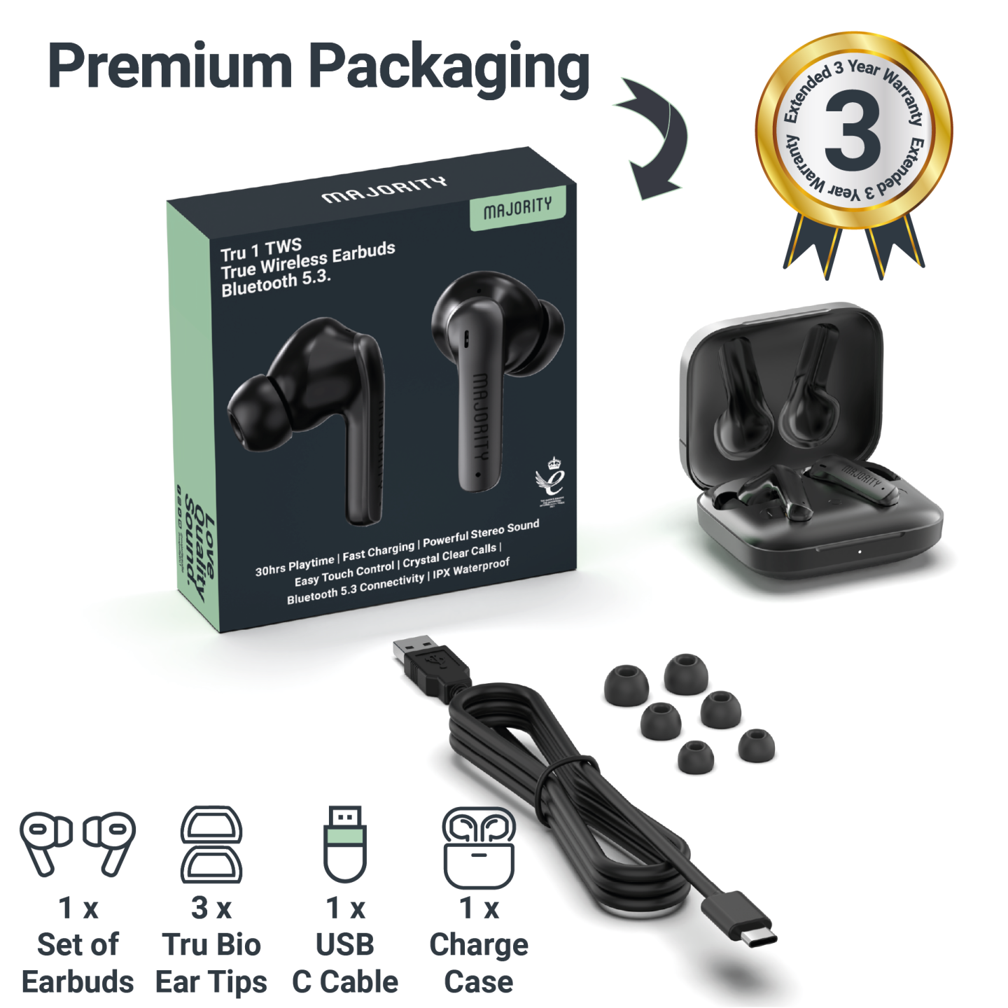 Majority Earphones - TRU-1 - TWS Sports Earphones IPX7 Black — Buy in Cyprus with Fast Delivery
