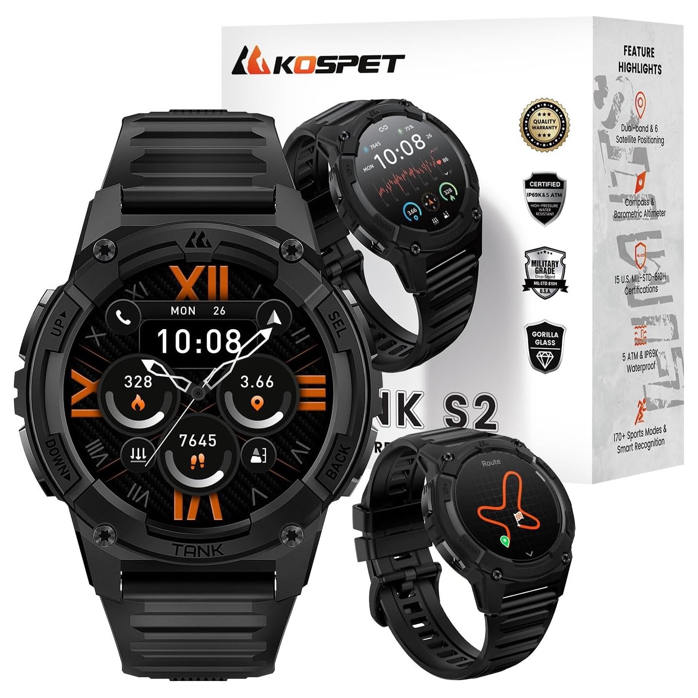 Kospet Rugged Smartwatch GPS Silicone Black - TANK S2 - Rugged Smartwatch GPS Silicone Black