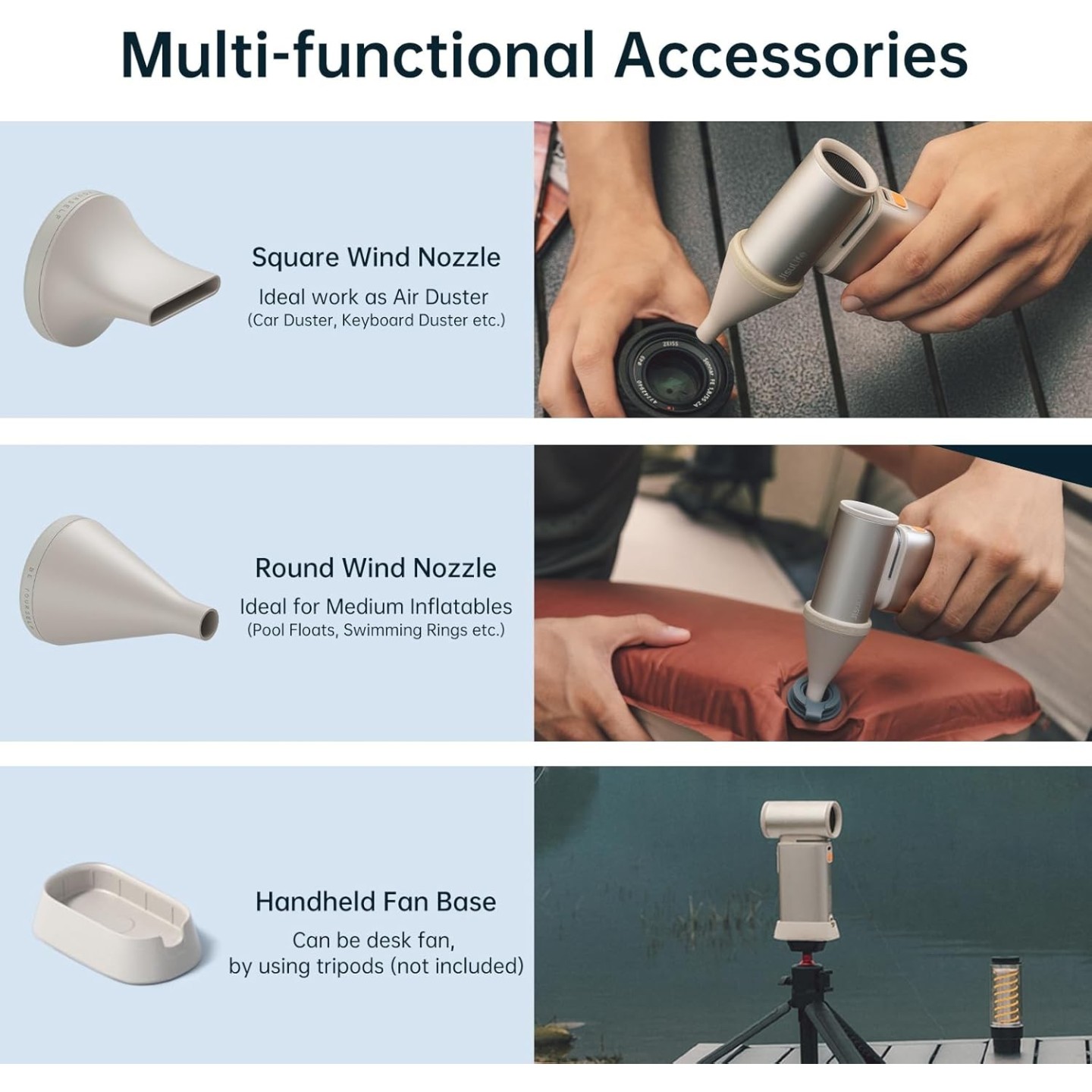 Jisulife Portable Personal Fan - ULTRA 1 - Aluminium Housing, Square & Round Nozzles Included, 75000 RPM, 1-100 Wind