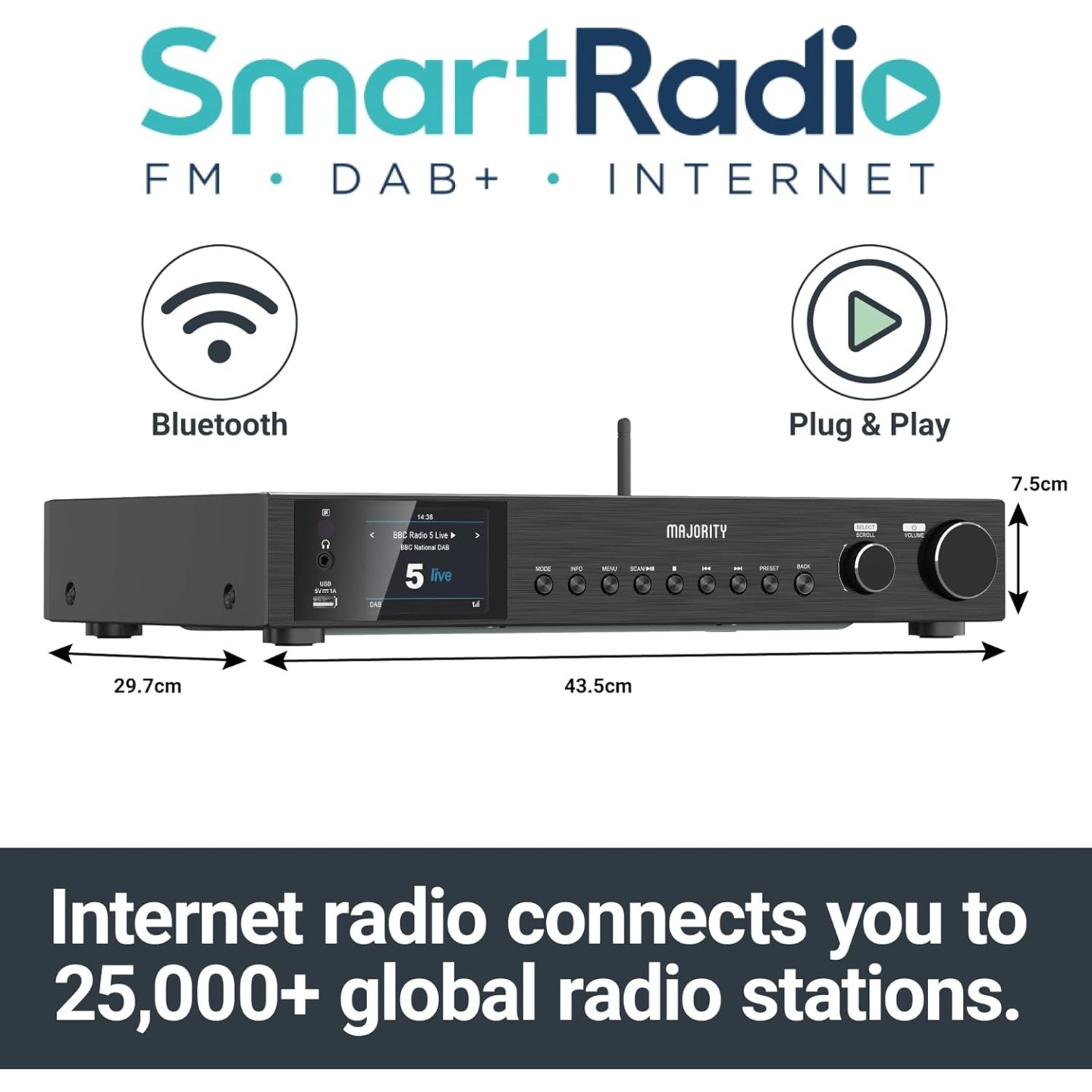 Majority Radio WiFi BT USB FM LineOut Display - FITZWILLIAM 2 - Black — Buy in Cyprus with Fast Delivery