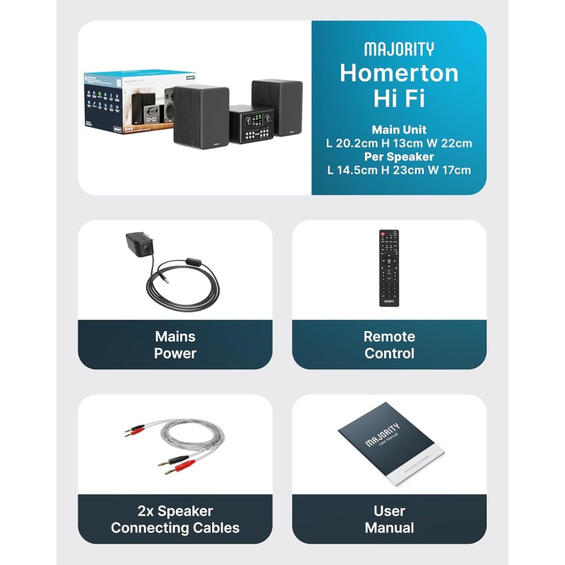 Buy Majority Mini HiFi - HOMERTON - 2xSpeakers CD BT USB FM iRadio 60W Black in Cyprus, Nicosia, Limassol, Larnaka, Pafos