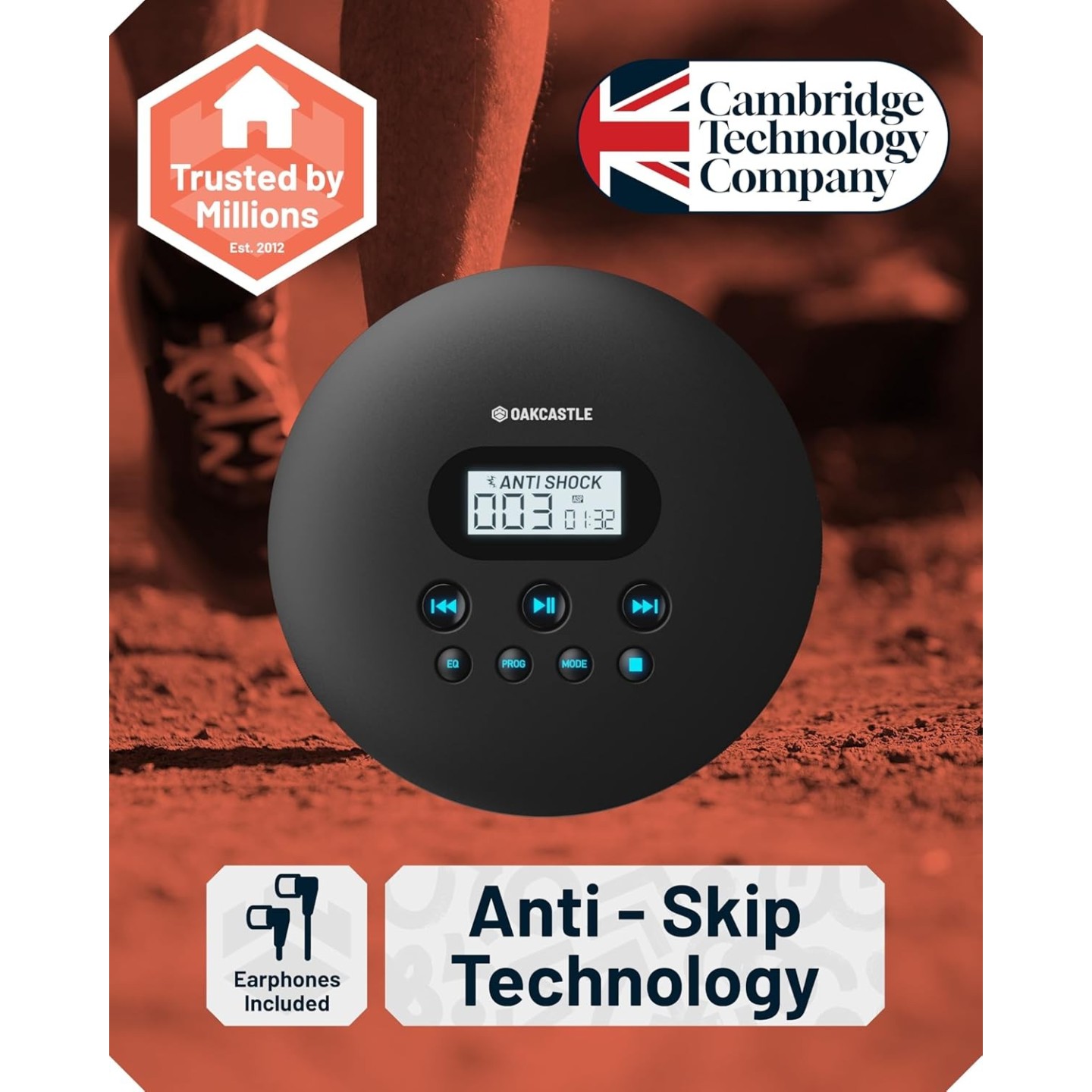 Majority Oakcastle CD Player - CD100 - Portable & USB-C Rechargeable CD Player with Bluetooth incl Free Earphones