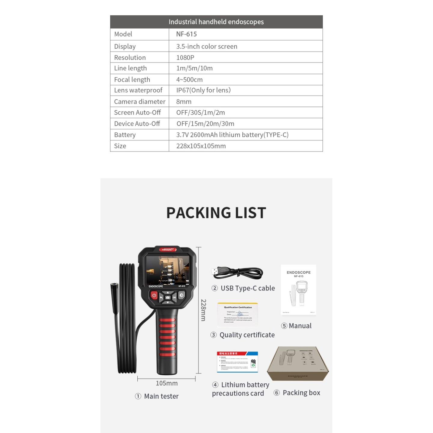 Noyafa Endoscope Camera - NF-615 - 3.5-inch IPS Screen, 1080P Resolution, IP67 Waterproof Lens & 5m Flexible Cable