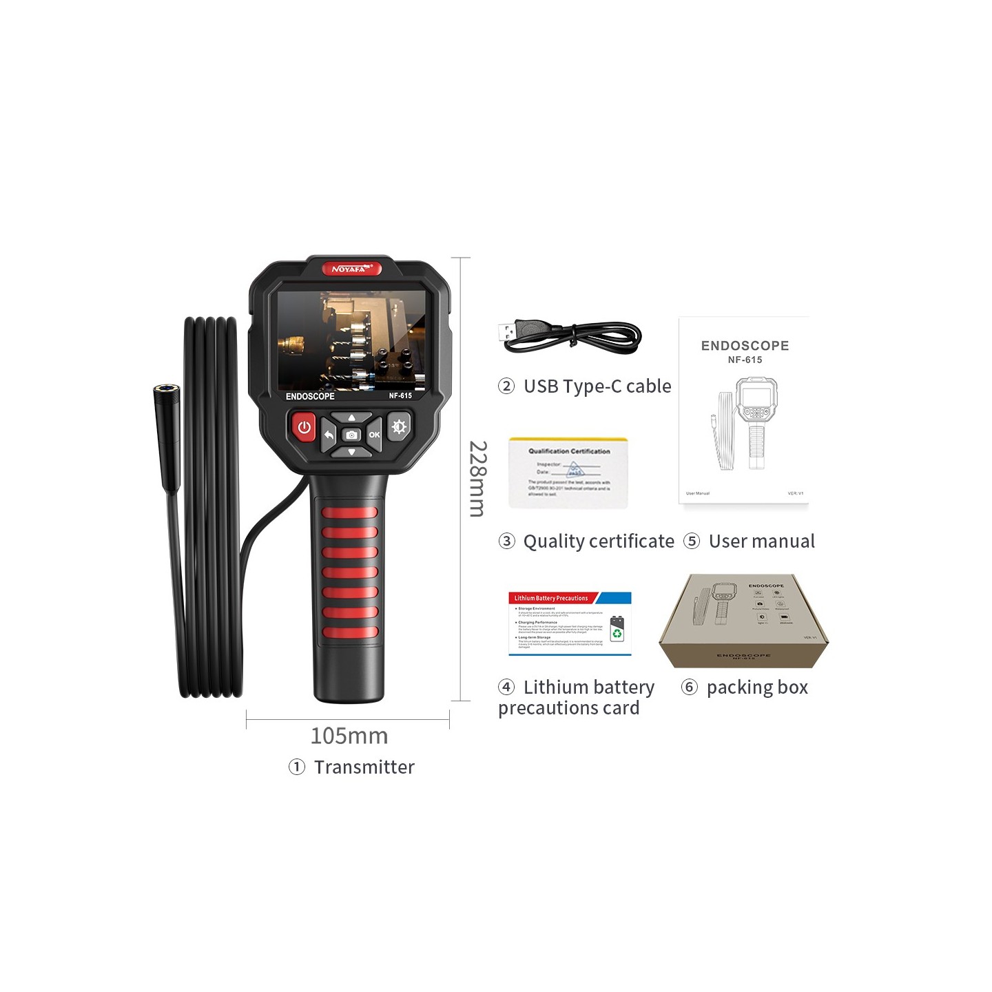 Noyafa Endoscope Camera - NF-615 - 3.5-inch IPS Screen, 1080P Resolution, IP67 Waterproof Lens & 5m Flexible Cable