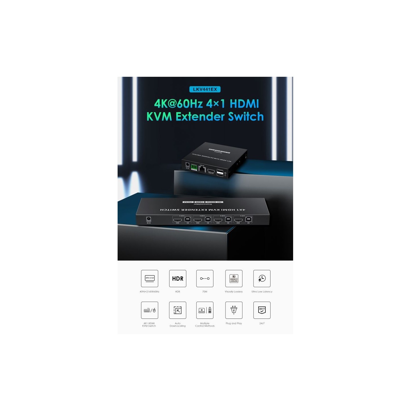Lenkeng KVM HDMI Extender Switch 4-1 over Ethernet 4K60Hz - LKV441EX - KVM HDMI Extender Switch 4-1 over Ethernet 4K60Hz
