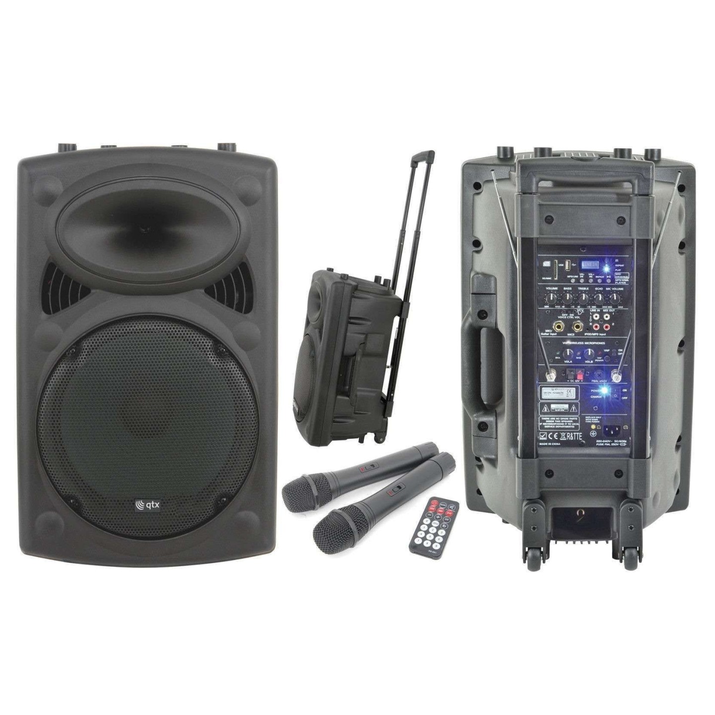 QTX 15'' Portable Karaoke & PA Speaker - QR15PA - 2x Wireless Microphones, Bluetooth USB & FM 178.848UK