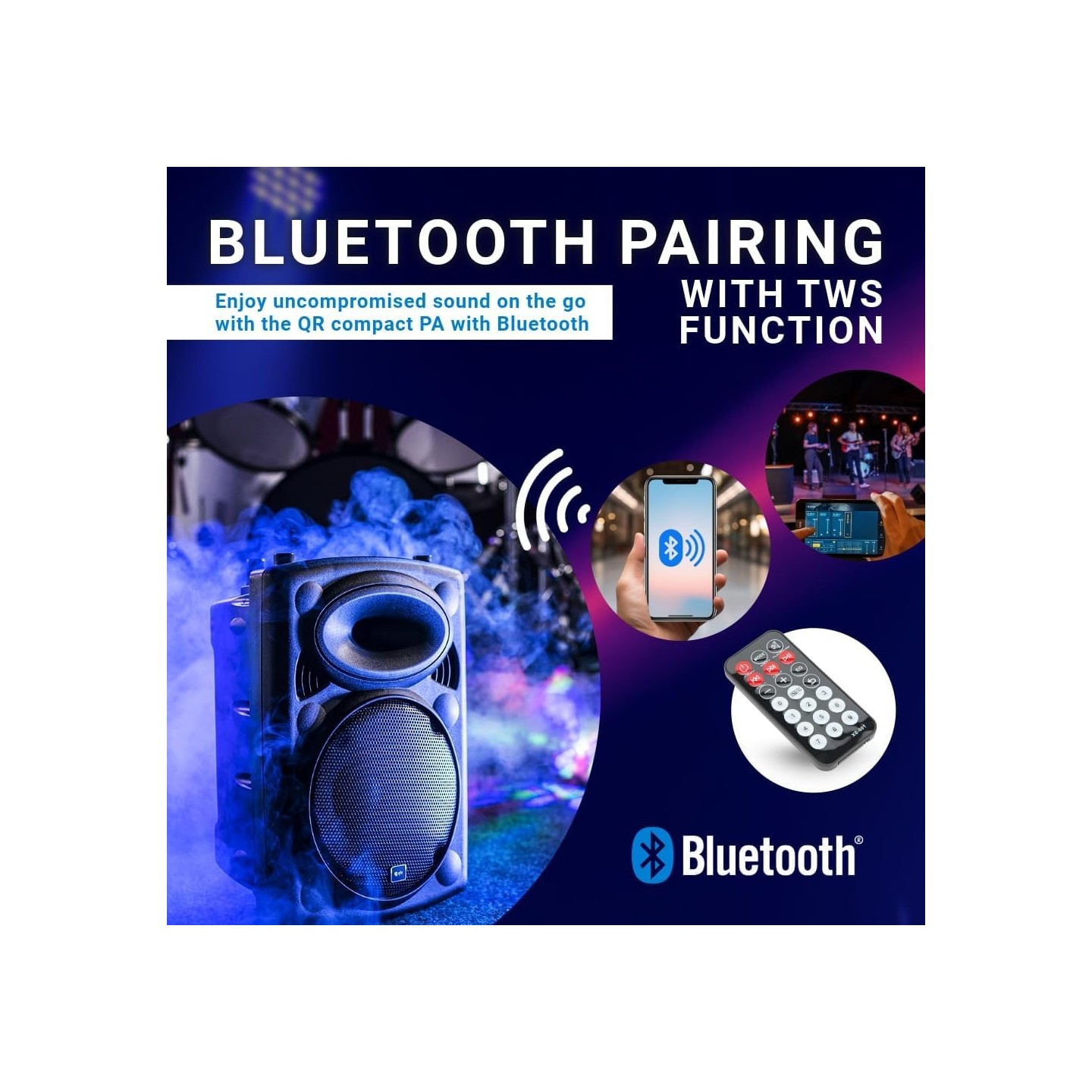 QTX 15'' Portable Karaoke & PA Speaker - QR15PA - 2x Wireless Microphones, Bluetooth USB & FM 178.848UK