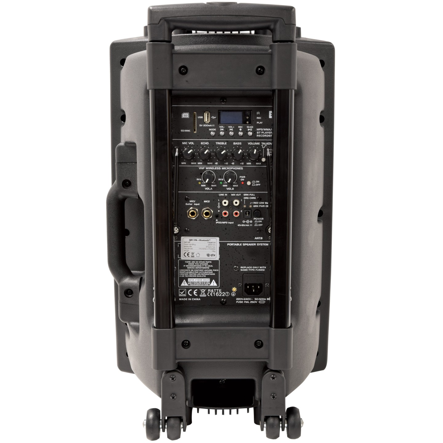 QTX 15'' Portable Karaoke & PA Speaker - QR15PA - 2x Wireless Microphones, Bluetooth USB & FM 178.848UK