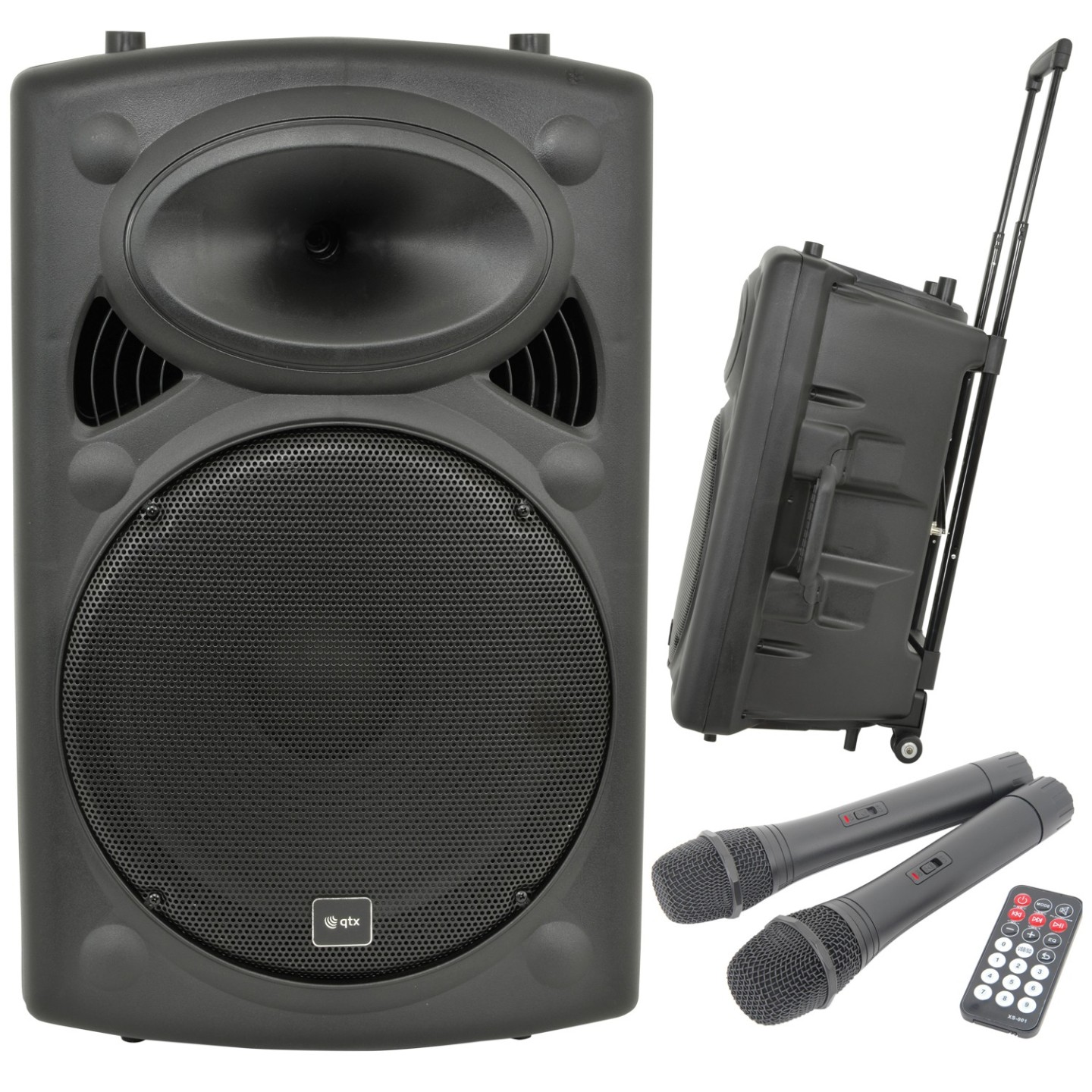 QTX 15'' Portable Karaoke & PA Speaker - QR15PA - 2x Wireless Microphones, Bluetooth USB & FM 178.848UK