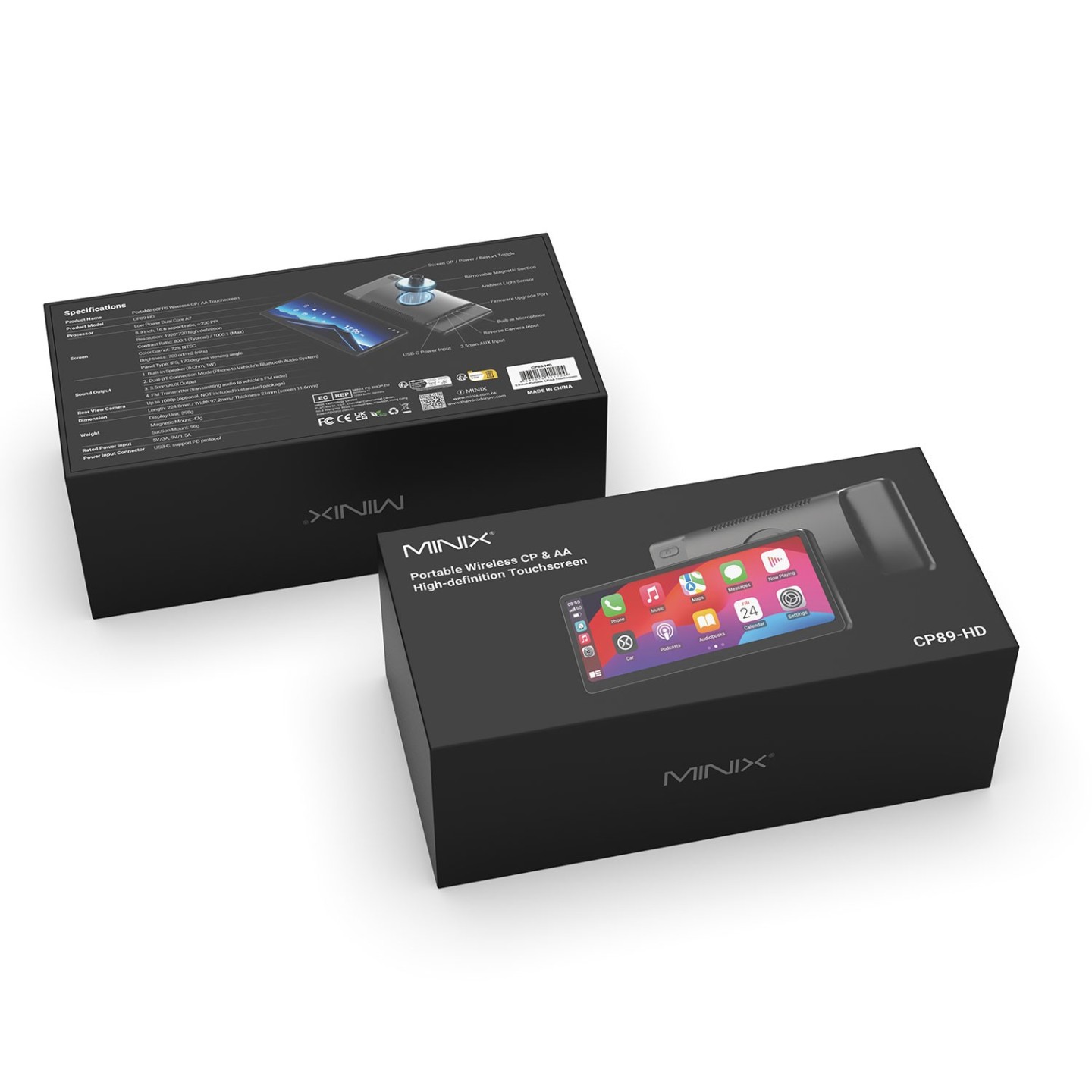 MINIX Car Monitor Touch - CP89-HD - 8.9' HD 60fps Wi-Fi Bluetooth AUX Speaker CarPlay Android Auto