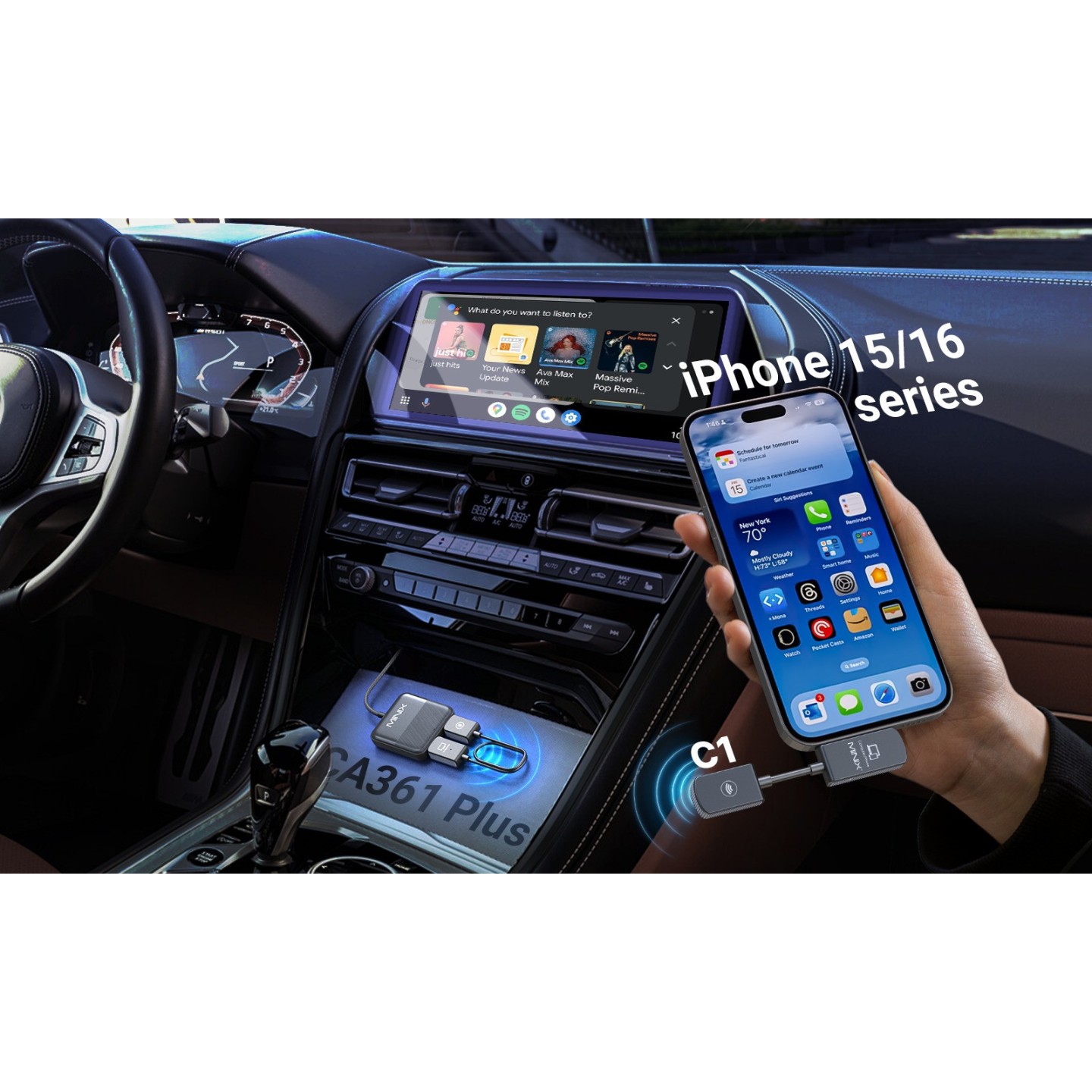 MINIX Car Media Hub - CA361 Plus - Wired to Wireless CarPlay Android Auto HDMI-IN USB Media Hub