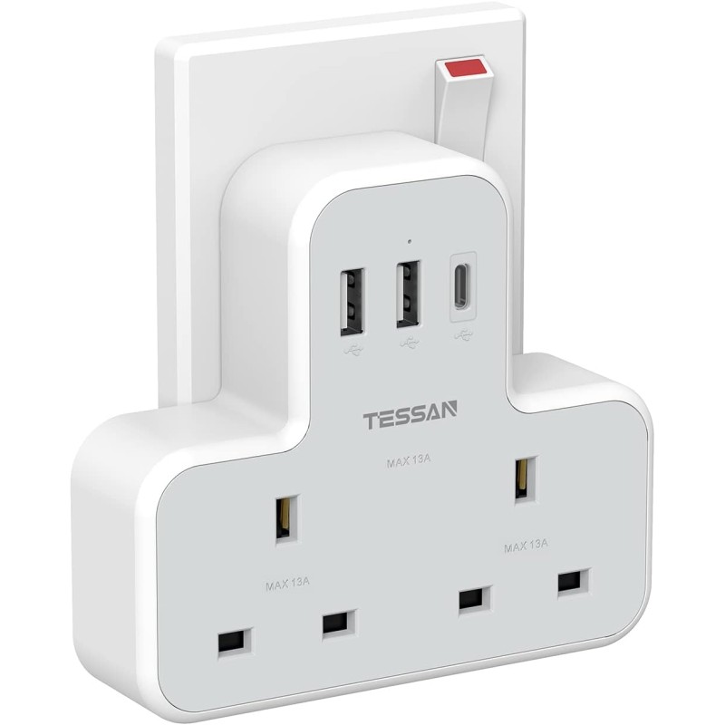 Buy Tessan 2-Gang plug Through UK Charger 2 USB A USB C 13A - TS-221-C - 2 USB A... in Cyprus, Nicosia, Limassol, Larnaka, Pafos
