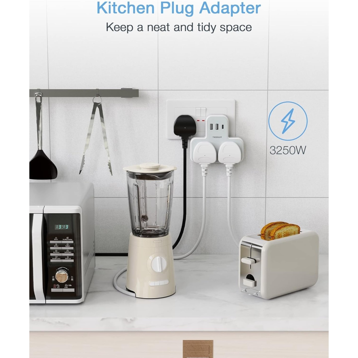 Tessan 2-Gang plug Through UK Charger 2 USB A USB C 13A - TS-221-C - 2 USB A USB C 13A — Buy in Cyprus with Fast Delivery