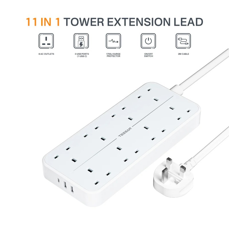 Buy Tessan 8-Gang Extension - TS-204-C - 2 USB-A USB C 2m 13A in Cyprus, Nicosia, Limassol, Larnaka, Pafos