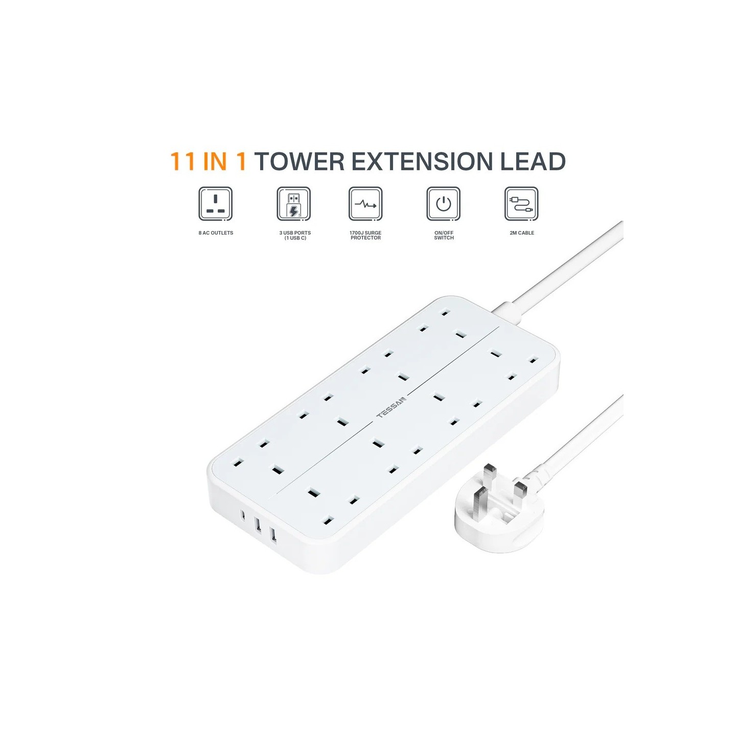 Tessan 8-Gang Extension - TS-204-C - 2 USB-A USB C 2m 13A — Buy in Cyprus with Fast Delivery