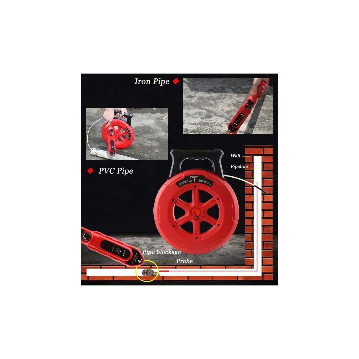 Noyafa Wall Pipe Blockage Detector - NF-5130 - IP67 Waterproof, Rechargeable, with 30m Detection Range