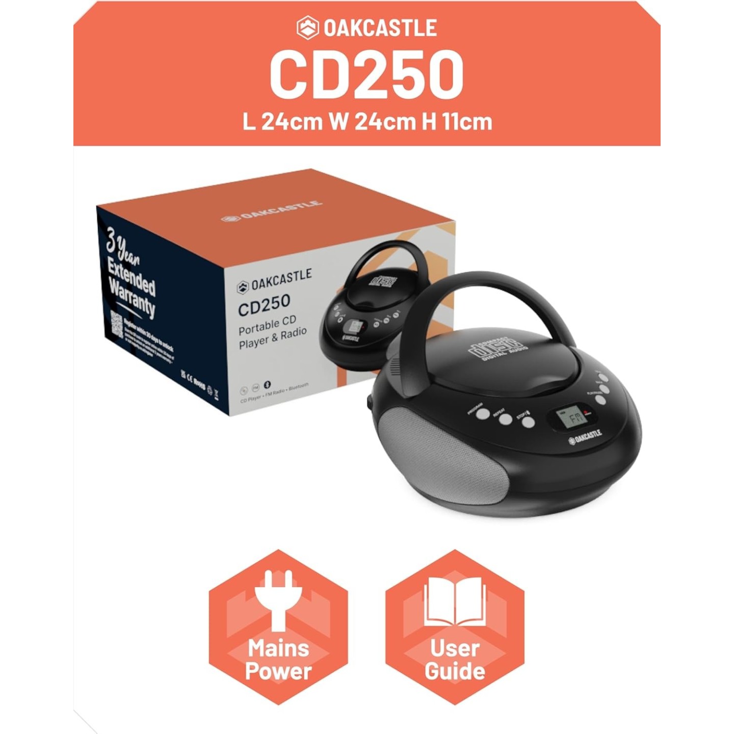 Majority Oakcastle Portable CD Player Boombox - CD250 - Portable, CD Player, Boombox, Bluetooth, FM Radio