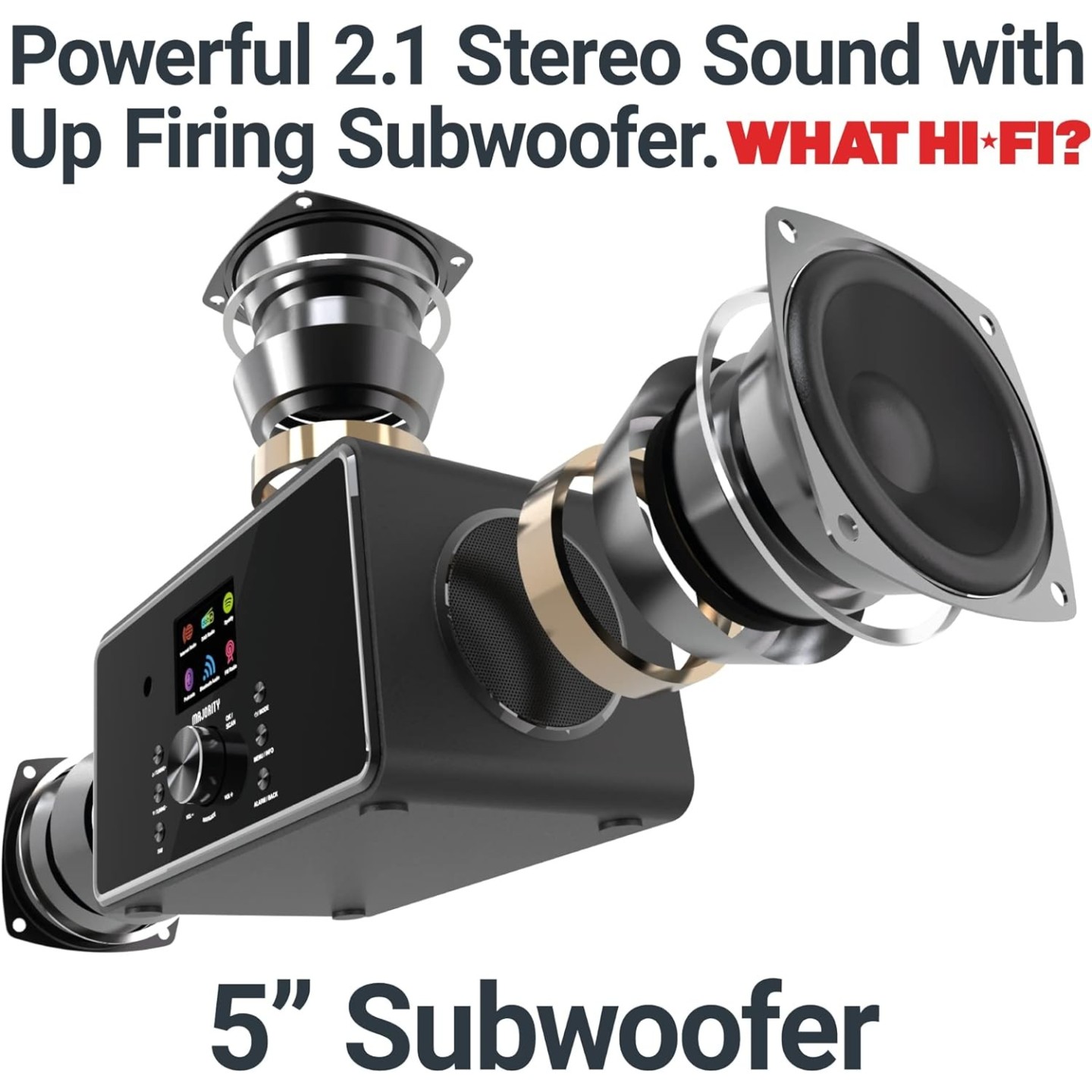 Majority BARD 2.1 Mini HiFi - 4'' Speakers, 5'' Sub, FM, USB, Aux, Spotify, BT, Alarm - Black