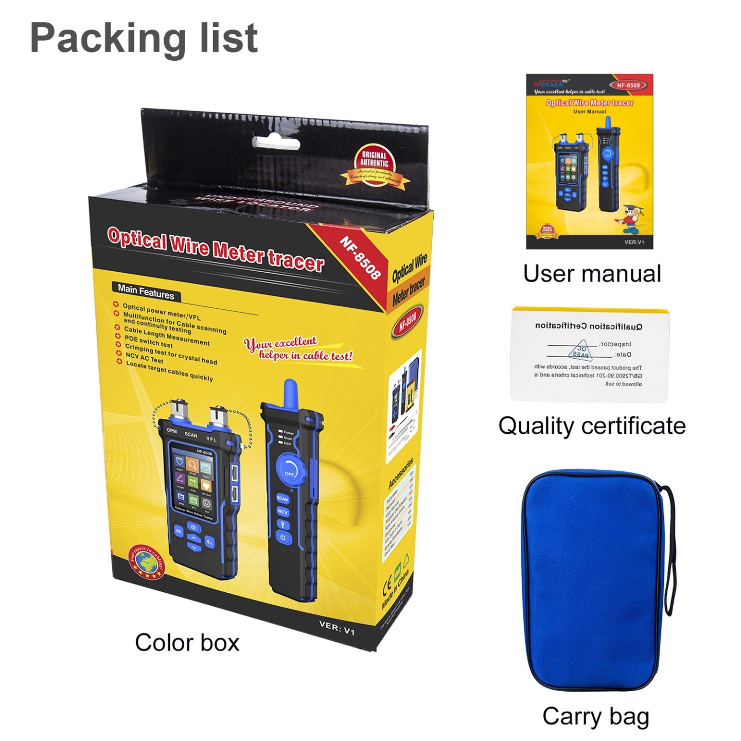 Noyafa Multi-Function Cable Tester - NF-8508 - RJ11, RJ45, PoE, Fiber Optic OPM VFL, NCV & Cable Length Measurement