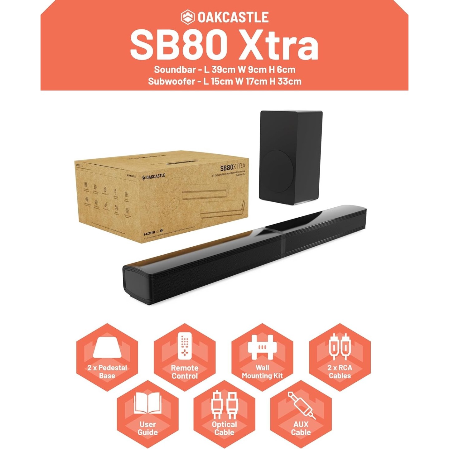 Majority Soundbar - SB80 XTRA - Split 2in1 Bar Speakers 200W 2.1 with Sub,BT,HDMI,USB (Oakcastle)