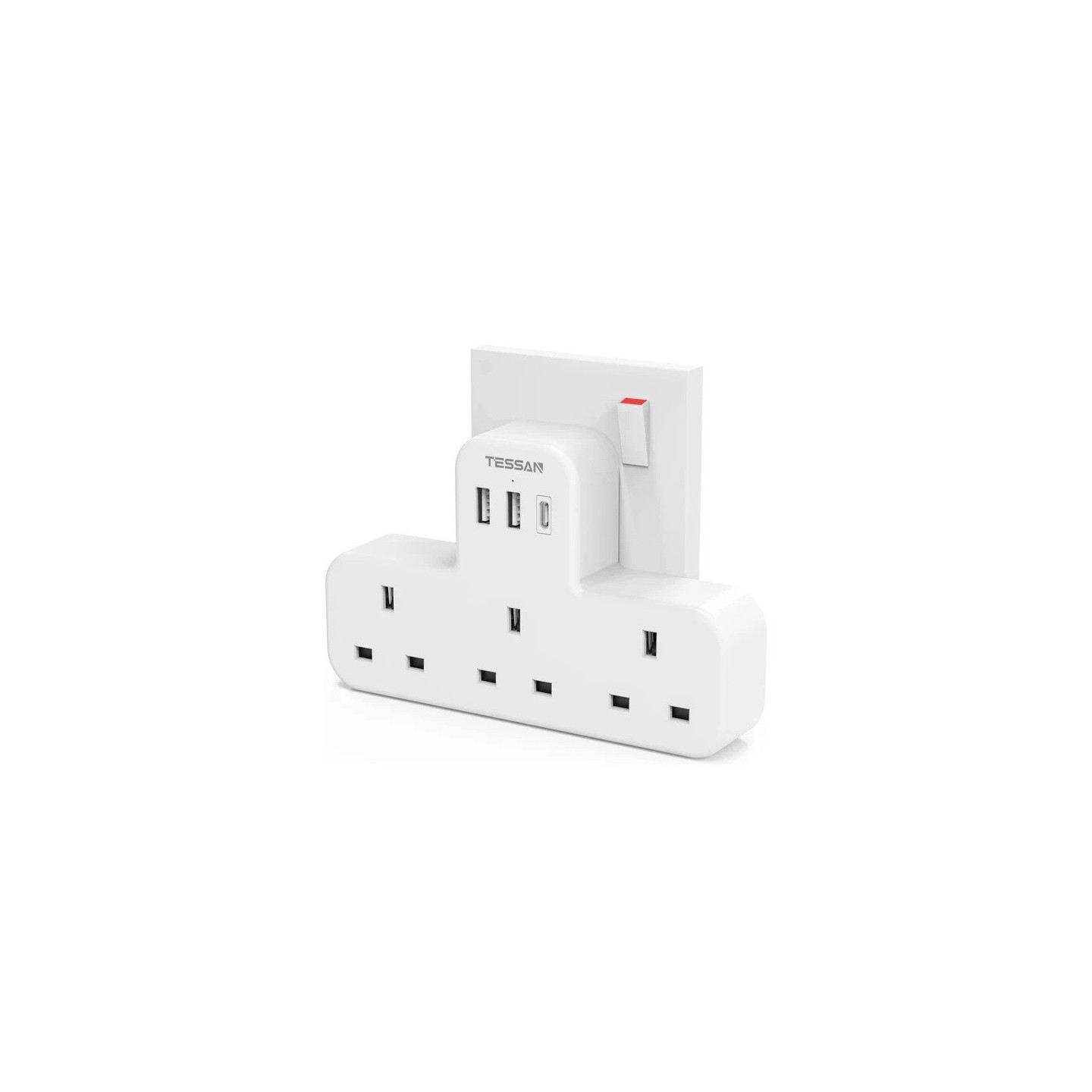 Tessan 3-Gang plug Through UK Charger 2 USB A USB C 13A - TS-223-C - 3-Gang plug Through UK Charger 2 USB A USB C 13A