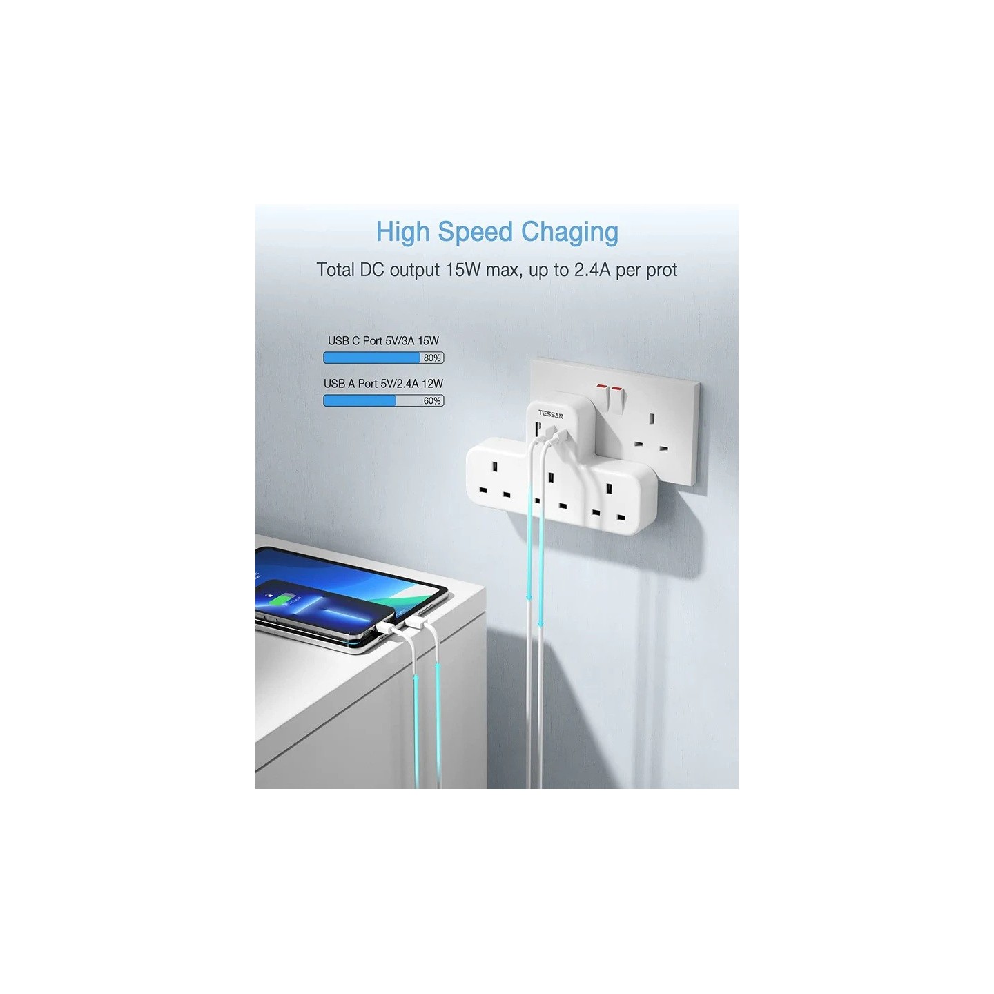 Tessan 3-Gang plug Through UK Charger 2 USB A USB C 13A - TS-223-C - 3-Gang plug Through UK Charger 2 USB A USB C 13A